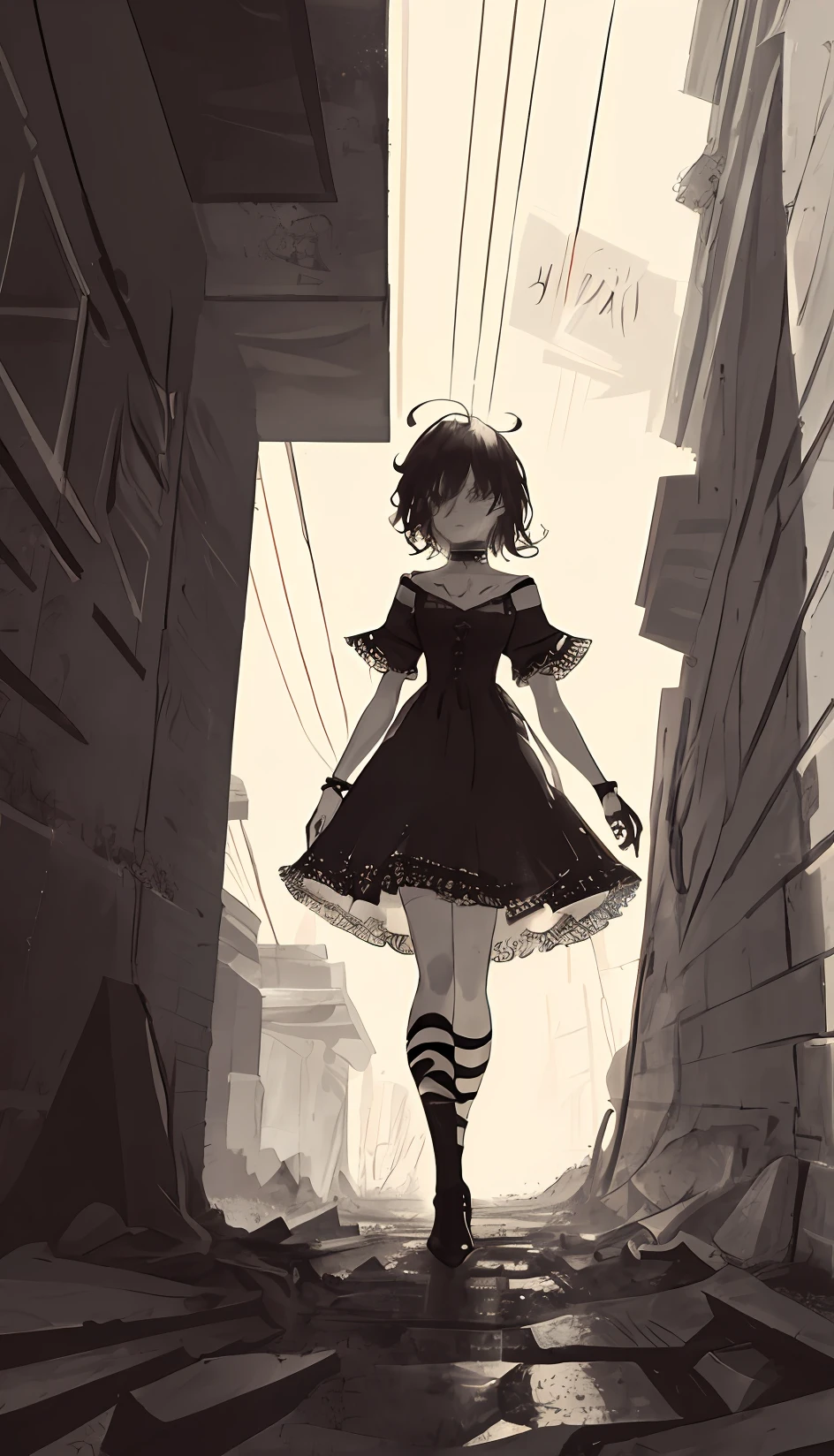 best quality, intricate details, lineart, monochrome,

1girl, medium hair, messy hair, hair over eyes, beautiful eyes, 

choker, shirt, torn legwear, fantasy style armored dress

against wall, brick wall, graffiti, dim lighting, alley