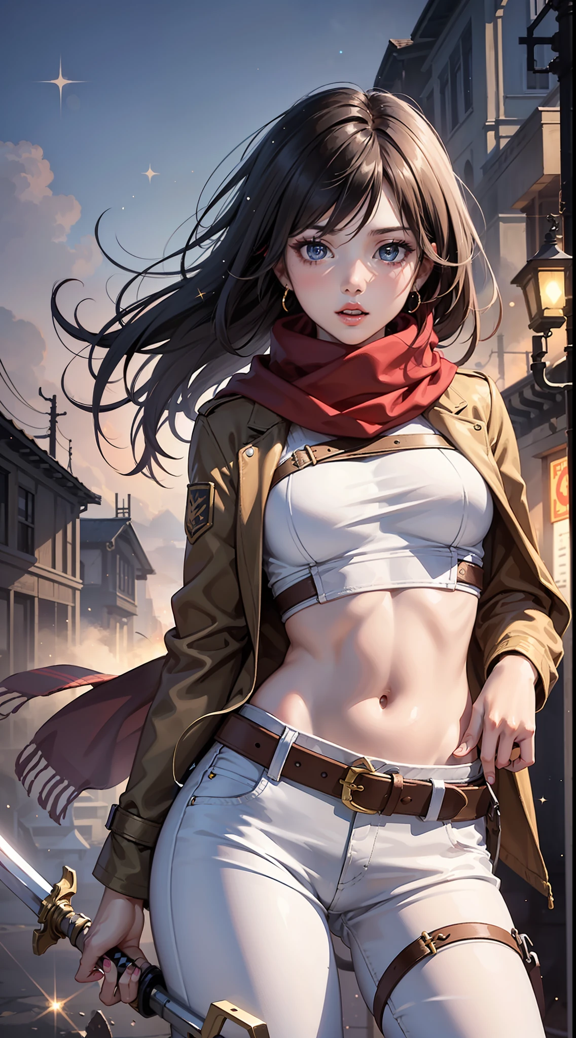 BREAK, 1girl, solo, looking at viewer, (young cute beautiful 18-year-old girl:1.4), 3d face, beautiful girl, Beautiful face, pretty, girlface, kpop idol, supermodel, stunning innocent symmetry face, perfect body, medium breast, slim waist, slim legs, (high detailed skin:1.4), glowing eyes, goddess, natural skin texture, shiny skin, White skin, Beautiful detailed face, detailed face, real skin texture, cute delicate face, finely detailed face, golden ratio, golden ratio face, expressive eyes, perfect face, perfect skin, flawless face, clear face, shiny hair, pale skin, Proper body proportion, perfect anatomy, realistic skin texture, luscious lips, glossy lips, natural makeup, beautiful bright pupils, slender figure, intricate eyes, detailed pupils, detailed face and eyes, longeyelashes, blush, good hand, perfect hands, pretty face, beautiful female bodies, finely detailed skin, oily shiny skin, BREAK, (((((Attack on Titan, (brown jacket, emblem:1.5), (hmmikasa, short hair, black eyes, scarf, belt, thigh strap, red scarf, white pants, long sleeves:1.4), (holding weapon, sword, dual wielding, three-dimensional maneuver gear, fighting stance, sky:1.4), (battle, adventurous look:1.3), (blush, fantasy, scenery, plants, open mouth:1.2), (highly detailed worn metal texture:1.2), (floating colorful sparkles, light is shining, dust is drifting, fog, wind:1.2), (rust, dirt, dust, scratches, abrasions on the metal texture:1.2), (fly:1.4), (Luminescent Particles:1.3), (Old City of Dubr