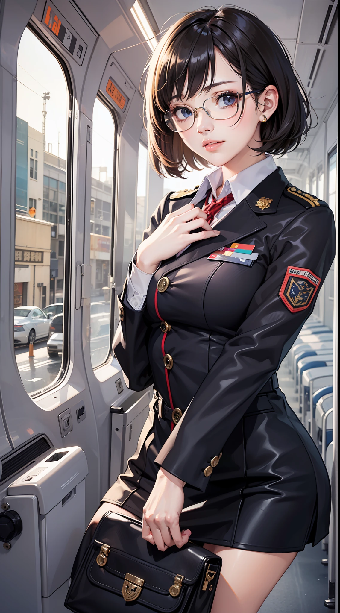 masterpiece,best quality,detailed,1girl,solo,sexy stewardess uniform,short hair, messy hair, adjusting hair, semi-rimless eyewear, 
,