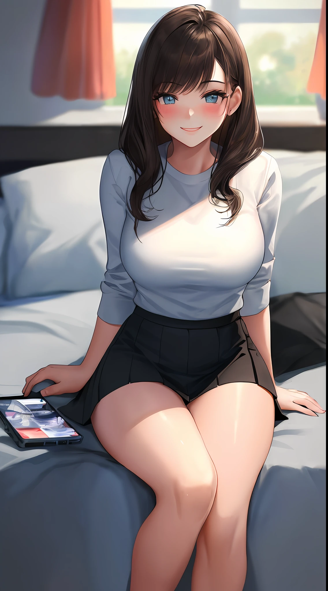 "((({{Master Masterpiece}}))), {{Best Quality}}, {{HD}}, ((Girl)), brunette beauty in hip-wrapped skirt, hehe smile, sitting lewdly on the bed, playing with mobile phone, blushing