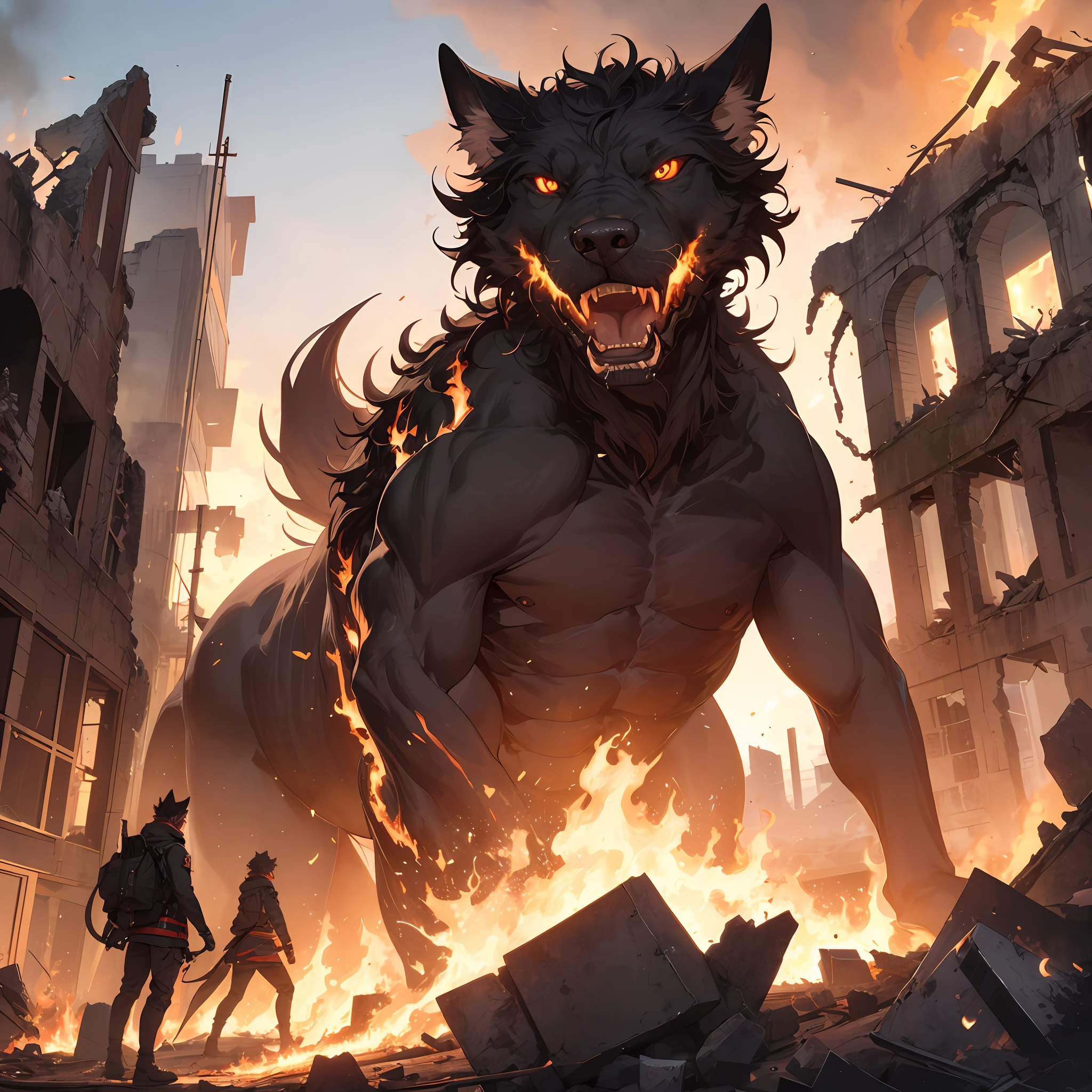 Cerberus, two heads and one body, huge, terrifying, fierce, set in the ruins of a burning fire