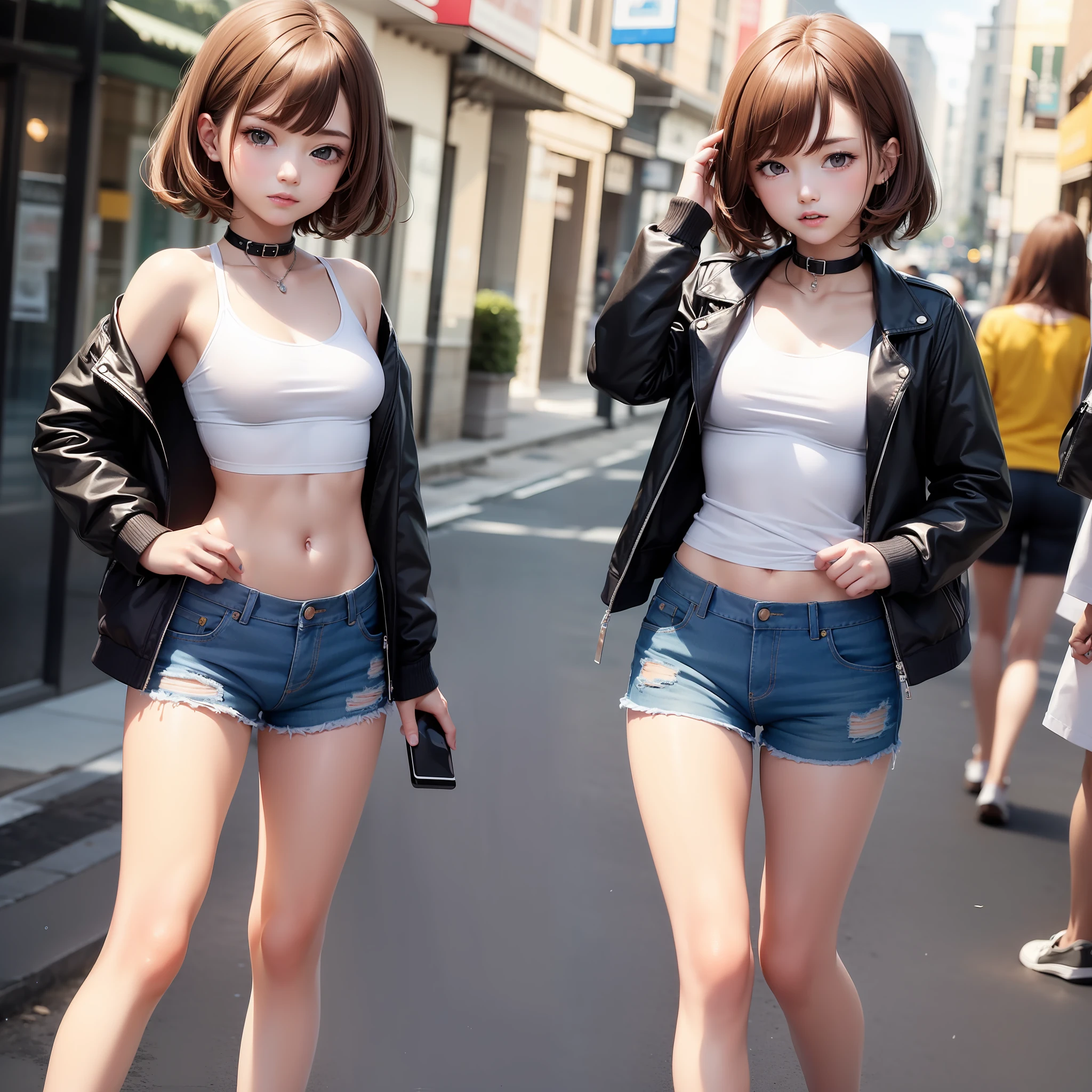 ((medium breast, tomboy girls, small head)),  (chiseled abs : 1.1), (perfect body : 1.1), (short wavy hair : 1.2) , auburn hair, collar, chain, full body shot, crowded street, wearing black tanktop, jeans jacket, ((shorts)), (extremely detailed CG 8k wallpaper), (an extremely delicate and beautiful), (masterpiece), (best quality:1.0), (ultra highres:1.0)