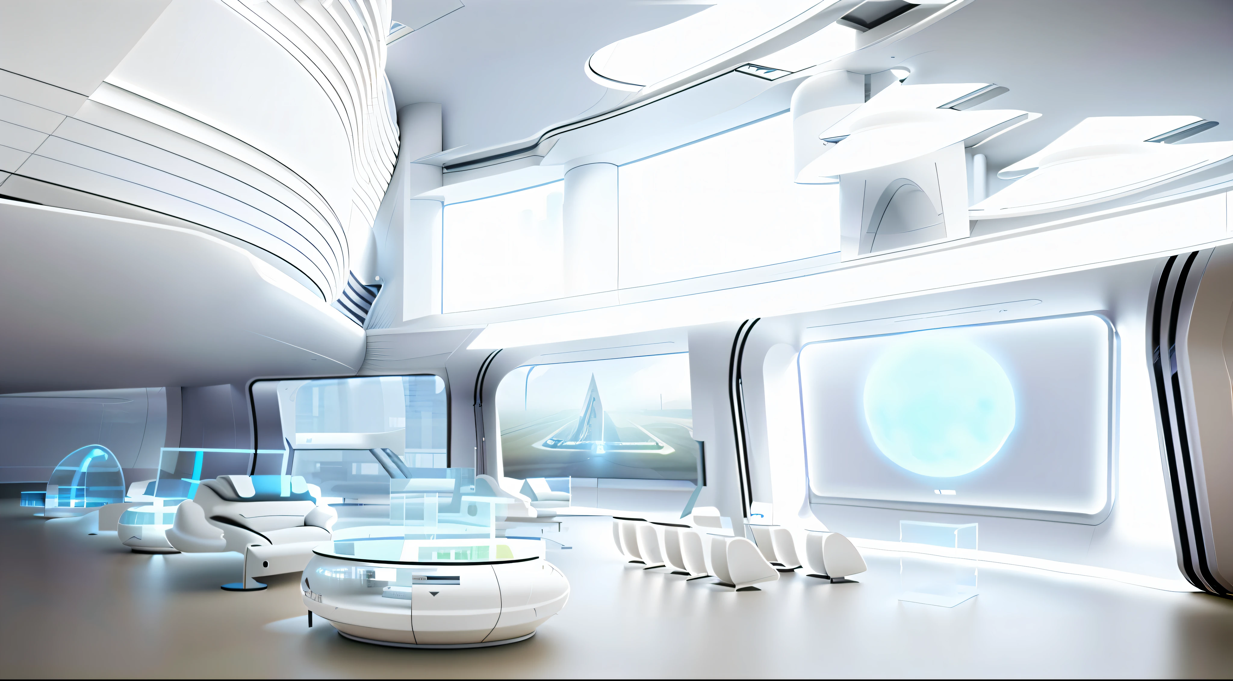 Interior space, Zaha Hadi style interior, Screen, lounge, ((white), (ultra wide Angle), futuristic building with futuristic design and futuristic interior, futuristic spaceport, futuristic hall, futuristic government service hall, futuristic architectural concept, futuristic setting, futuristic decor, futuristic Utopian architecture, futuristic architectural art, futuristic production facility, exciting Progressive view, acoustic view, close-up, detail texture, HDR+, 8K, QHD, luminescence, dynamic lighting, aesthetic refraction, ((highlight, strong light)), the main color is ceramic white, bright atmosphere, both a warm sense of ceramic, and a sense of modern science and technology, redshift rendering, cinematic light effect