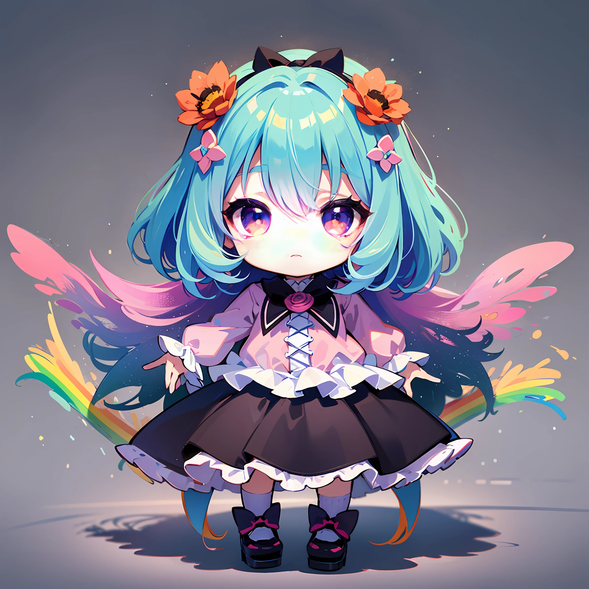 (Sticker: 1.5) ((Chibi Chara)), White Background, Fluffy, Girl, ta Costume, Chibi Chara, Full Body, Pastel Hair, Fairy Tale, Fantastic, Rainbow, T-Shirt Design, Best Masterpiece, Best Quality, 16k