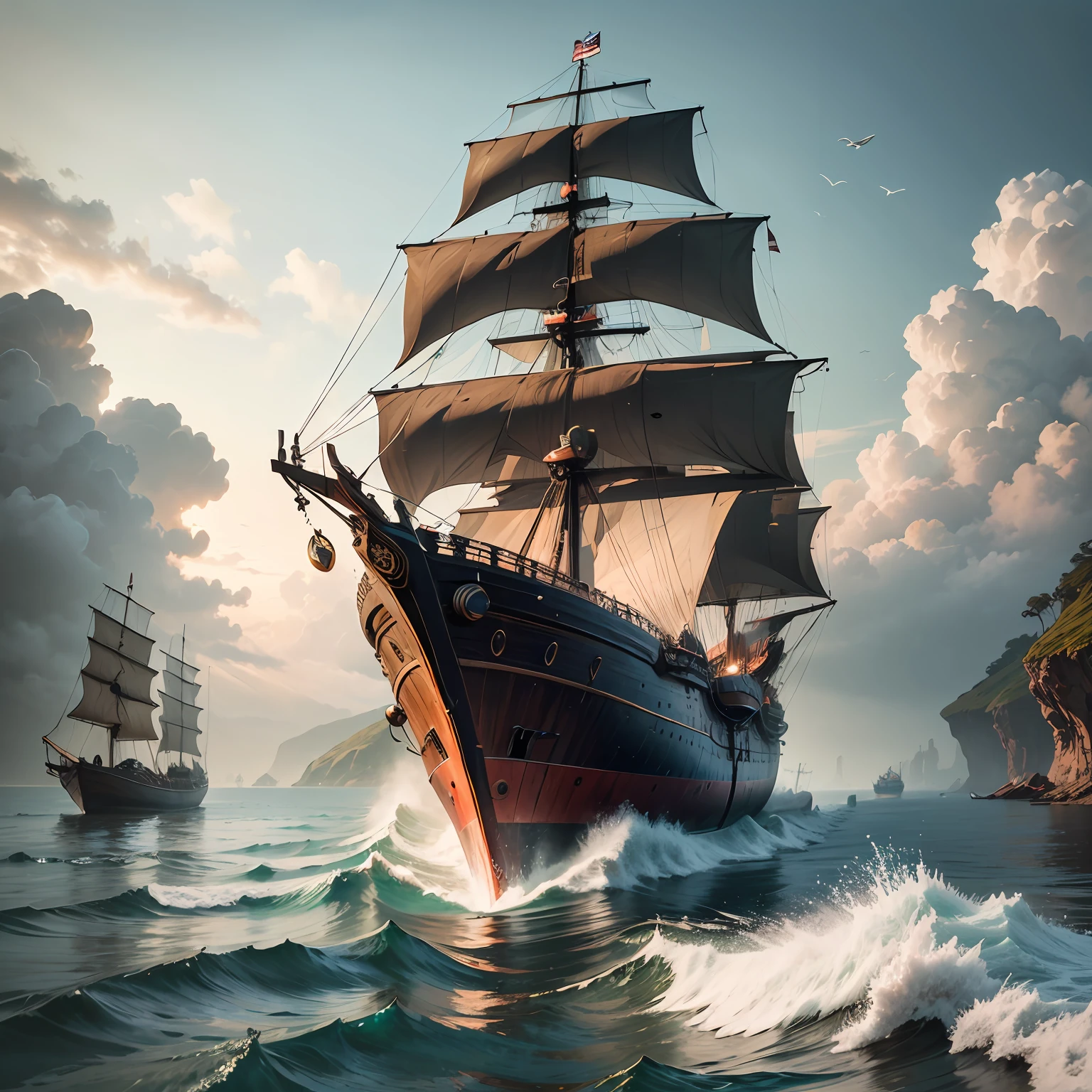 Ancient ship, wooden ship front view, frontal boat, oncoming ship, facing the face of the ship --auto