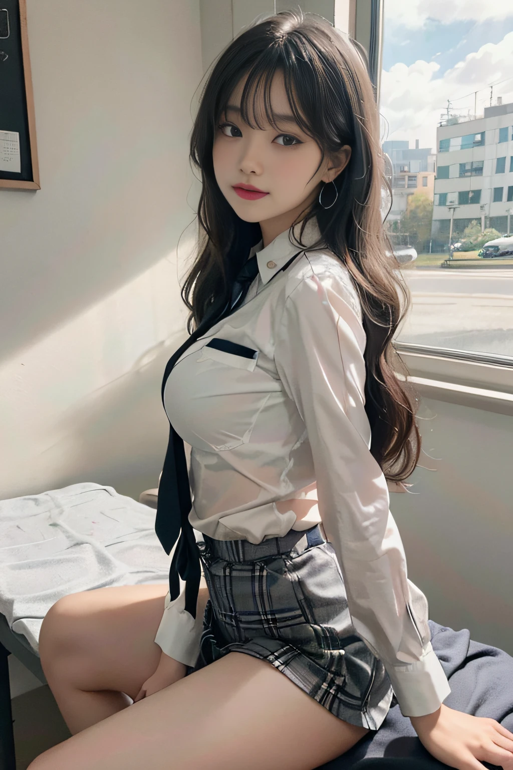 Best image quality, RAW photos, ultra-high resolution, taken from the side, gentle smile, 16-year-old Korean, very big breasts, fair skin, shiny white skin, short bob, bright silver hair, neatly aligned bangs, blazer, tie, ribbon, school uniform, collared shirt, plaid skirt, beautiful eyes, beautiful eyes of random colors, very thin lips, beautiful eyes with details, elongated eyes, pale pink cheeks, long eyelashes, beautiful double eyelids, eyeshadow, beautiful thin legs, beautiful constriction, earrings, necklace, school, sitting at a big desk, staff room