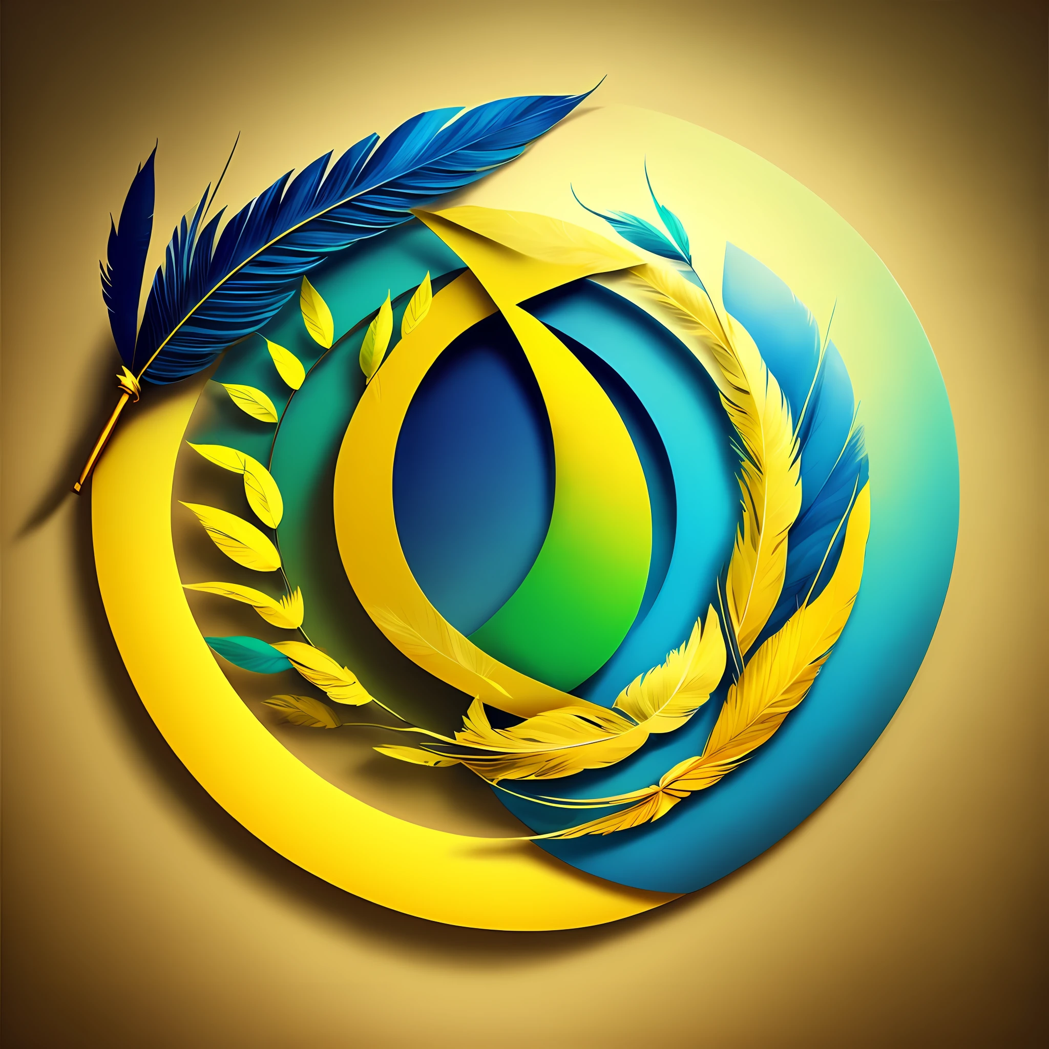 Minimalist logo of a Circle with a feather, with the Colors Gold, Bright Yellow, Lime Green and Cobal Blue --auto