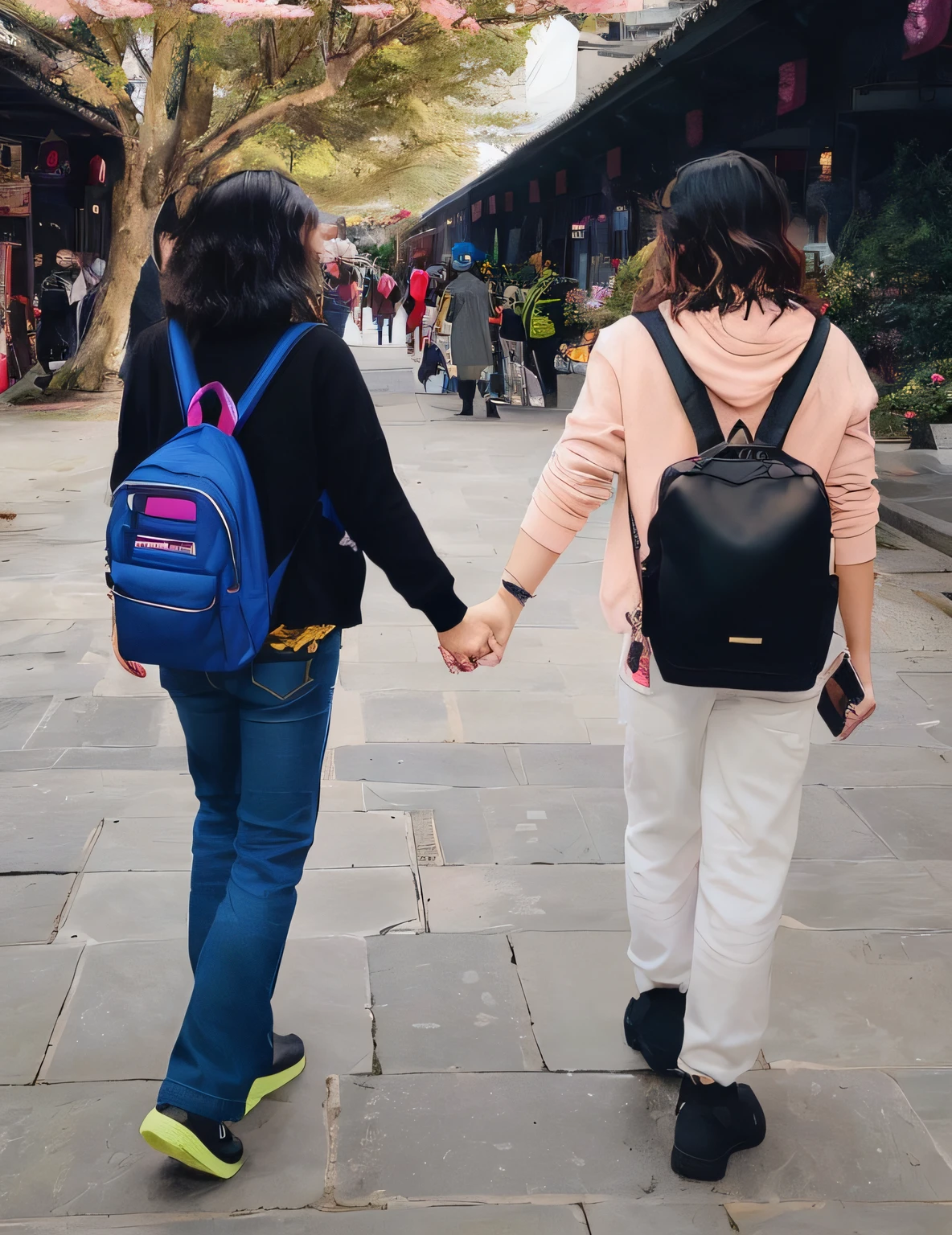 two women walking down a street holding hands, walking together, holding hands, with a backpack, couple walking hand in hand, lgbtq, man and woman walking together, they are in love, holding each other hands, travelers walking the streets, holding hand, lovely couple, wandering in the city, stunning visual, back to us, lgbt, beautiful aesthetic, colourful