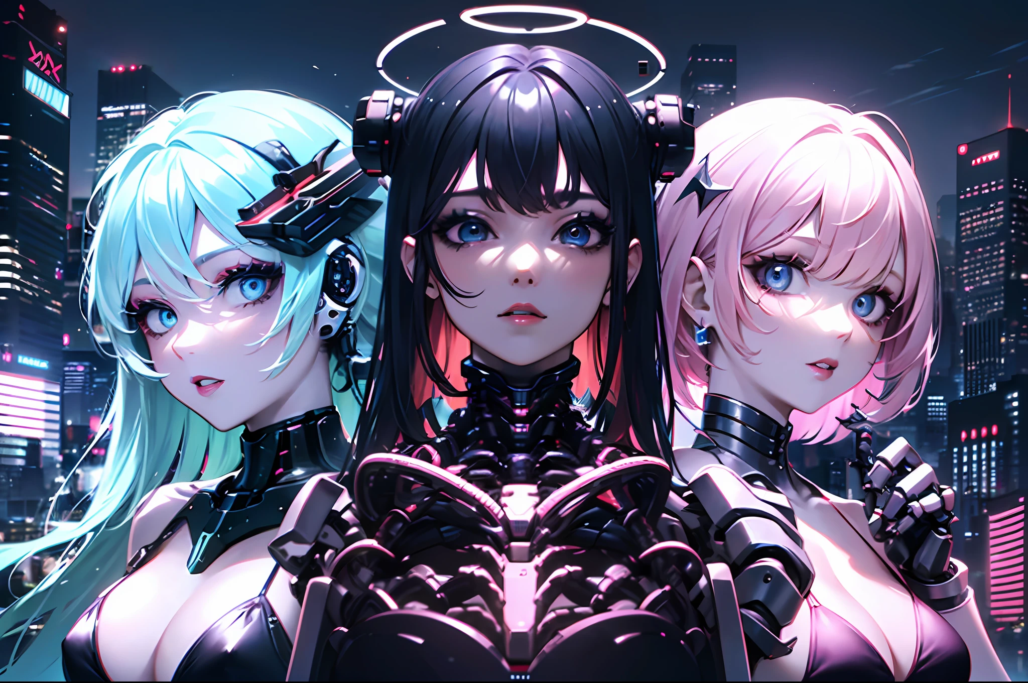 Top quality, masterpiece, fine details, very delicate 8k wallpaper, multiple girls, (group shot), (blue eyes), long eyelashes, makeup, pink lips, five fingers, (mechanical joints, mechanical hands, mechanical legs: 1.1), (exoskeleton micro bikini), sharp angles on both sides of the head, (mechanical halo), cyberpunk city,