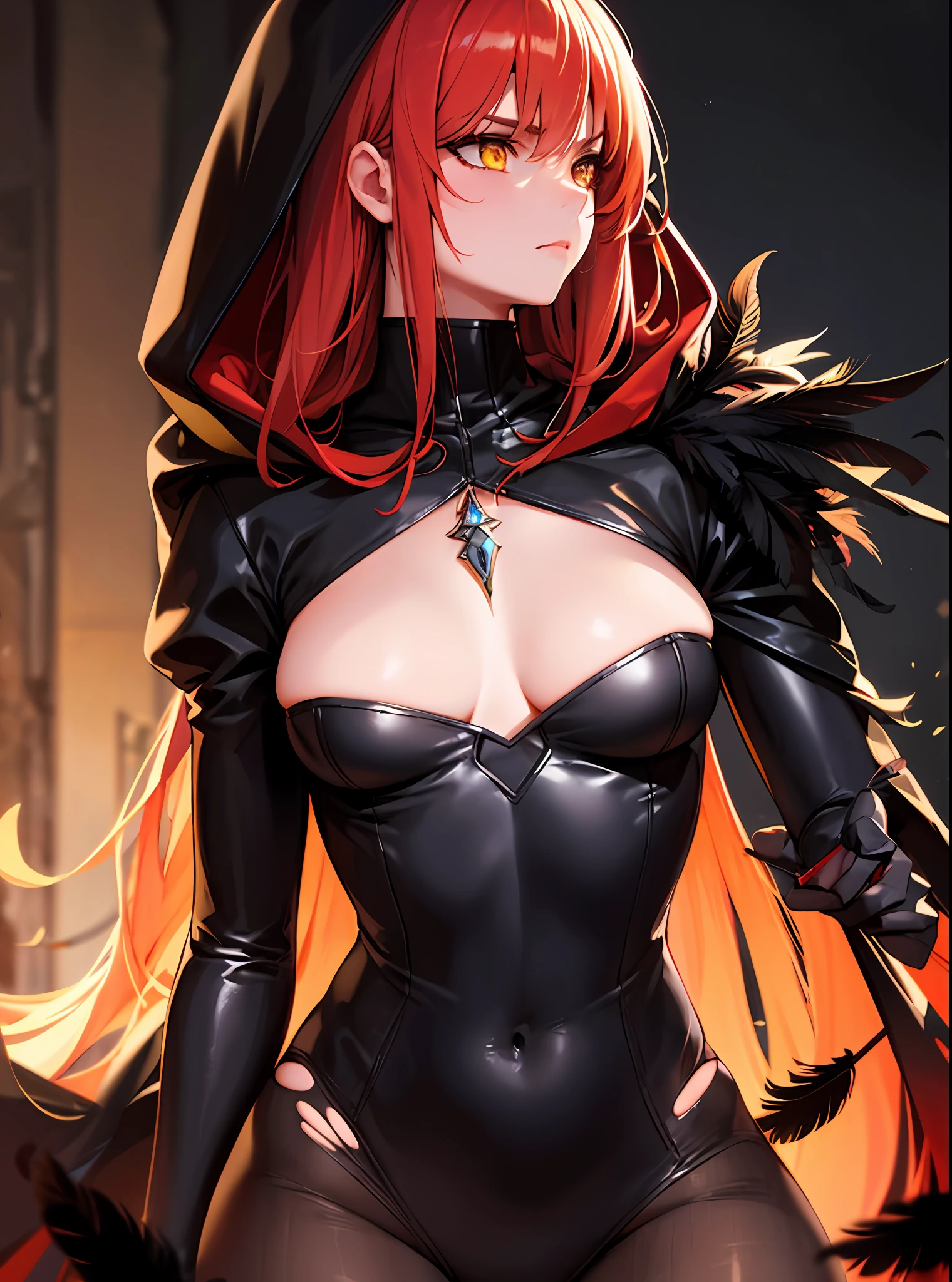 (masterpiece, best quality) an adult woman with very long red hair, ((black feathers)), ((close)), neckline, ((hood)), black ribbons, red leather, (profile picture), black bows, bodysuit, cold look, queen, good anatomy, correct proportions, torn clothes, queen, yellow eyes, serious, mysterious appearance, blood, emotionless, straight bangs, very long red hair, evil, (yellow eyes), gothic,  medium chest, ((show from chest to head)), cinematics, color oil painting, solo, cinematic lighting, extremely detailed face, finely detailed face, beautiful face, beautiful eyes, perfect lighting, depth of field, realistic proportions, good anatomy