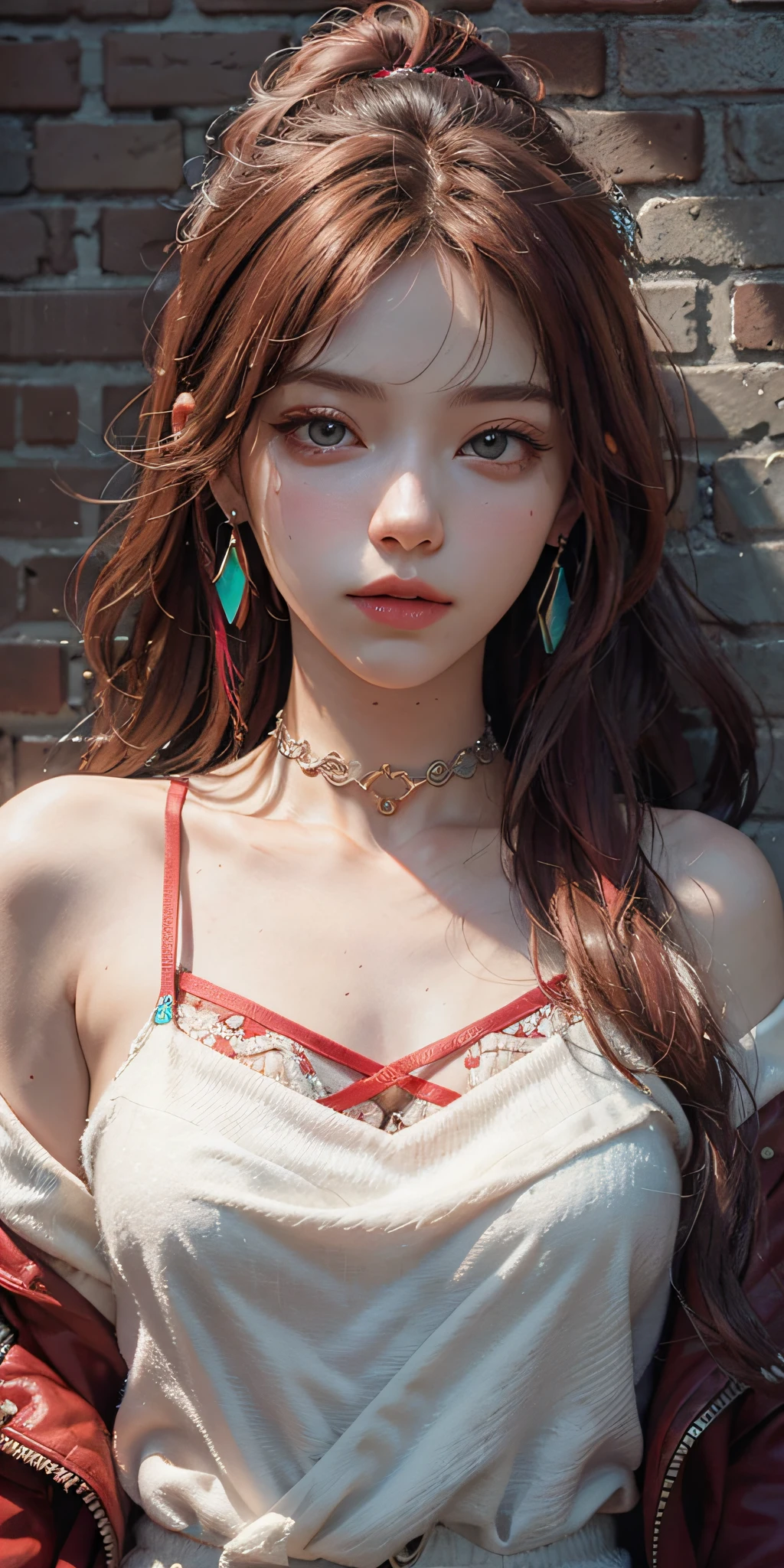 (masterpiece, best quality, 1girl, solo, intricate details, chromatic aberration), realistic, ((medium breath)),bare shoulders,pink long hair,red head ornament, red highlights,green eyes, earrings,sharp eyes,perfect symmetrical body, (pureerosface_v1:0.3),choker, neon shirt, opened jacket,white spaghetti strap,against wall, brick wall, graffiti, dim lighting, alley ,look at viewer,(( caustic, seductive, charming)),