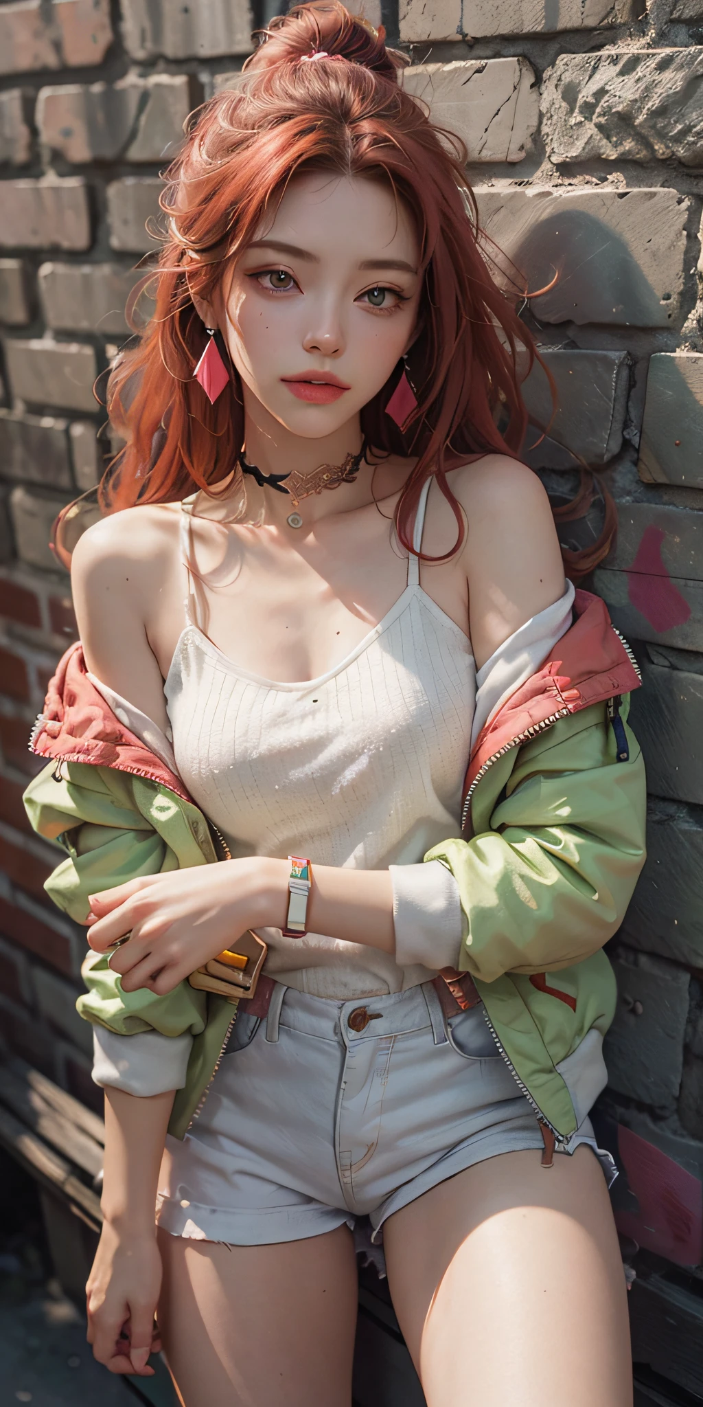 (masterpiece, best quality, 1girl, solo, intricate details, chromatic aberration), realistic, ((medium breath)),bare shoulders,pink long hair,red head ornament, red highlights,green eyes, earrings,sharp eyes,perfect symmetrical body, (pureerosface_v1:0.3),choker, neon shirt, opened jacket,white spaghetti strap,against wall, brick wall, graffiti, dim lighting, alley ,look at viewer,(( caustic, seductive, charming)),