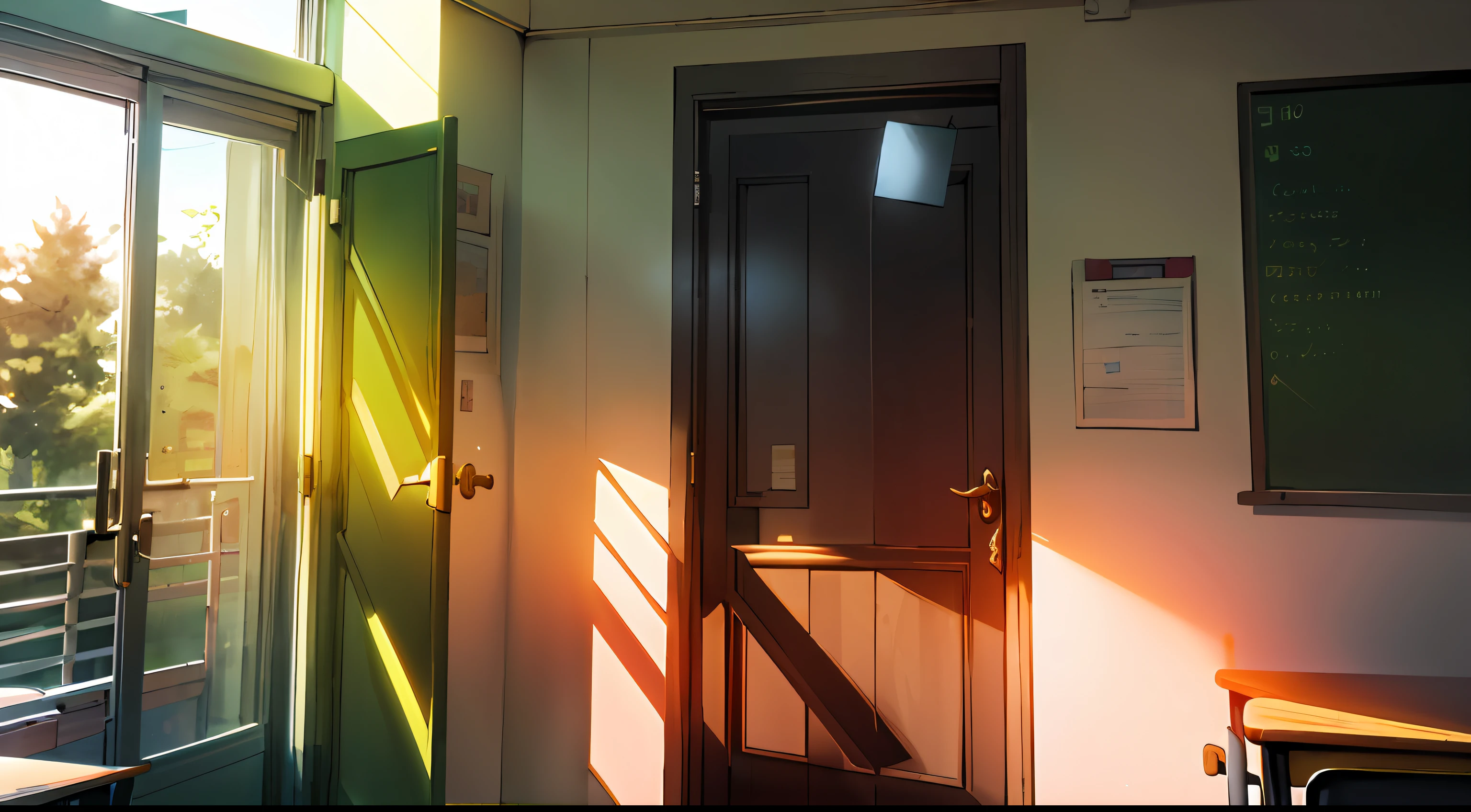 there is a door to a classroom with a green door, school classroom, inside elementary school, in a classroom, sunlight beaming down, photo of a classroom, classroom, afternoon lighting, midday sunlight, afternoon sunlight, natural light in room, sunlight shining through, sunlight through windows, brightly lit room, with backdrop of natural light, midday lighting, sunlight shining through windows