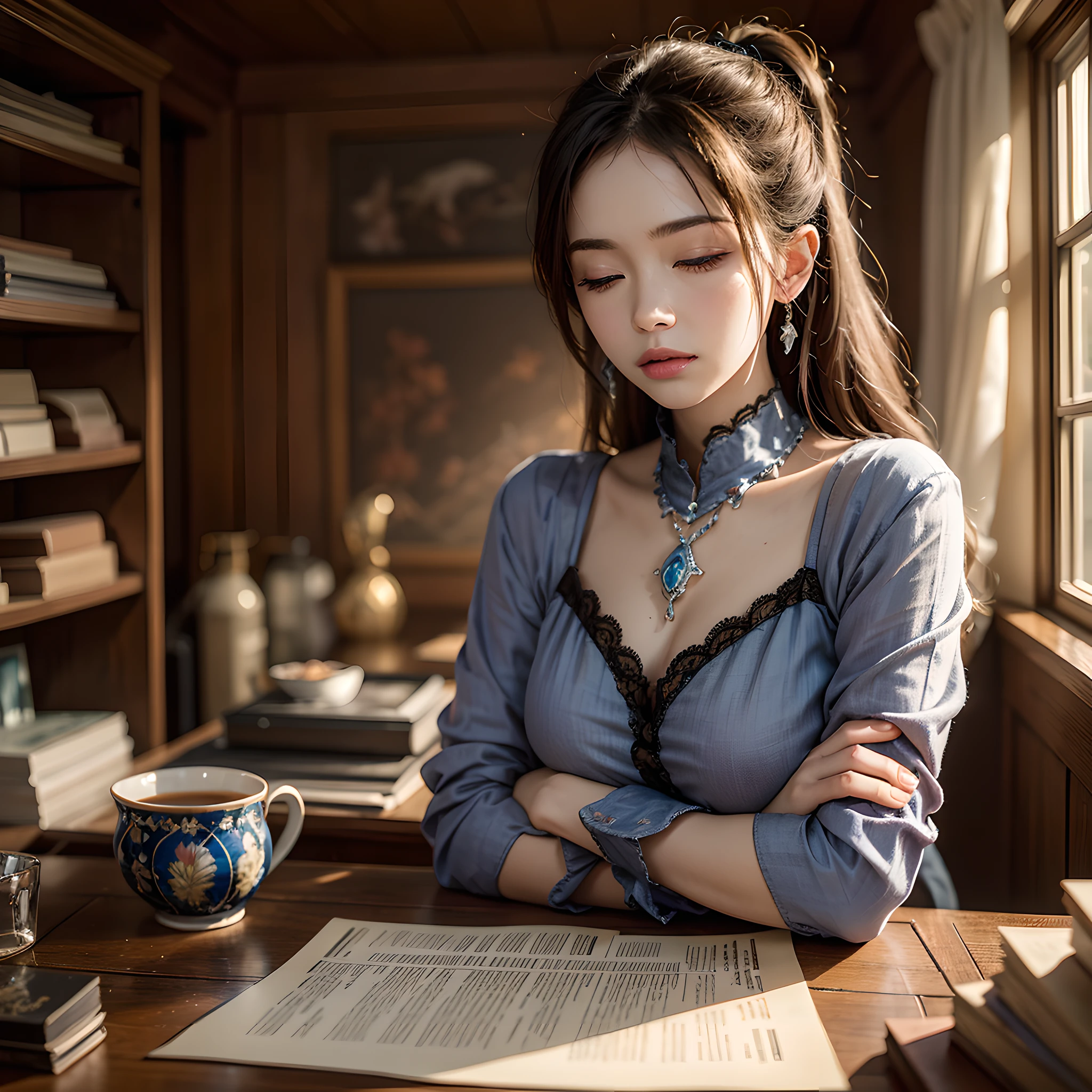 ((Masterpiece)), ((Best Quality)), HDR, cinematic lighting, Woman with only her left eye closed, Arms crossed, House with lots of miscellaneous goods