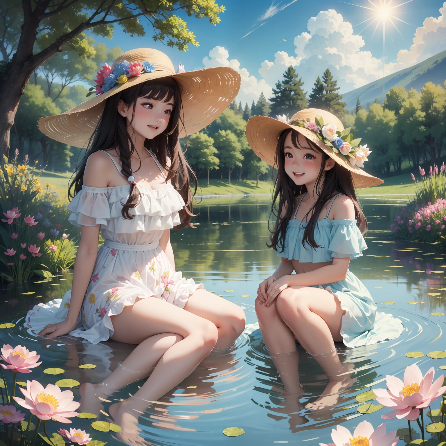 Masterpiece, the best quality, 2 girls and 1 boy playing in the water, happy laughter, delicate facial features, lake full of flowers, splashes, lotus flowers, lotus leaves, clouds, sunset, clean blue sky, summer,