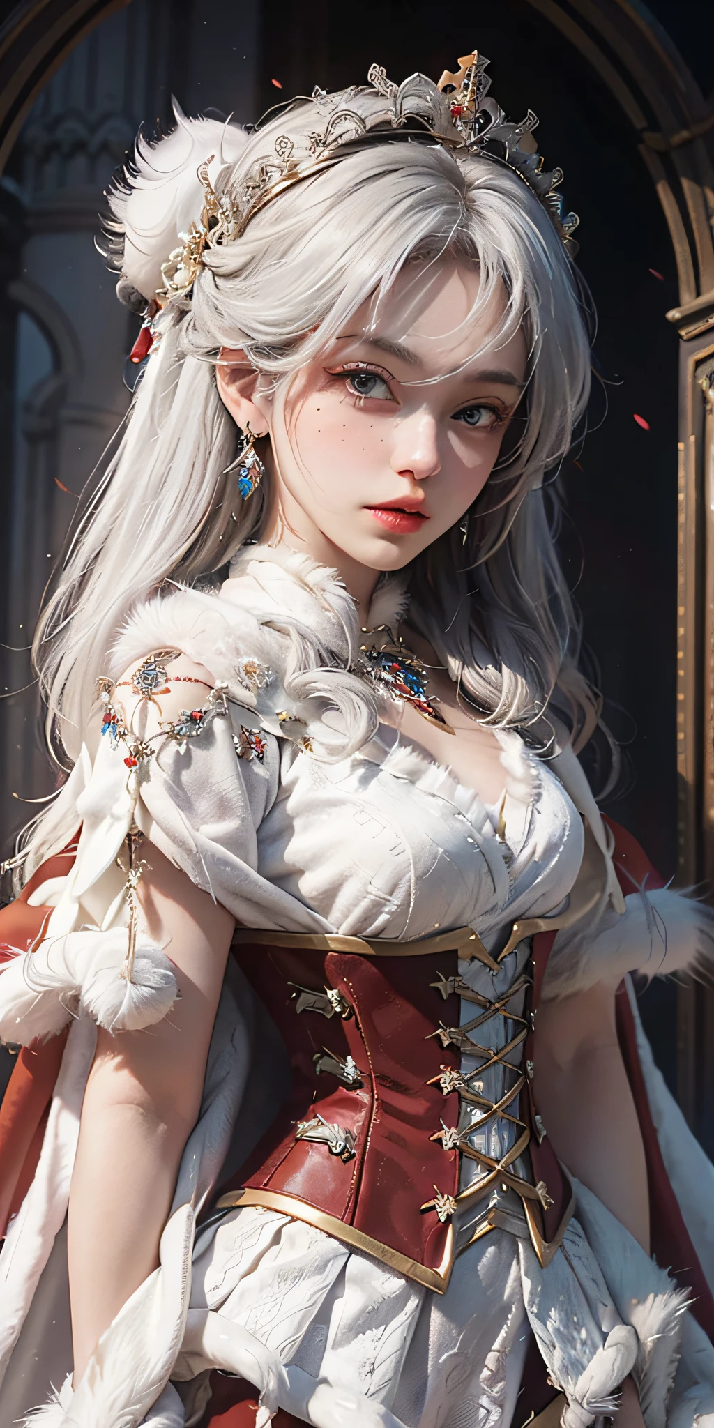 1girl, (white hair), crown, ([red robe|baroque black dress]:1.3), [red_cape::10],white ([capelet:fur trim:0.4]:1.7) covered on ([fur cloak:queen cape:0.4]:1.5), forehead, standing, red eyes,  Split Sleeve, Hair Accessories, Long Hair, Blue Eyes, Collar Bone, Portrait, Red Lips, Lacrimal Moles, Split Lips, (Breast Grooves, Pleated Skirt), Small Chest, Necklace, Earrings, Fashion Girl, Looking at the Audience, Professional Lighting,corset, bridal gauntlets, throne, updo, [slicked, crown_braid:0.1], [gloves, armor_dress, frilled skirt:0.4], solo,