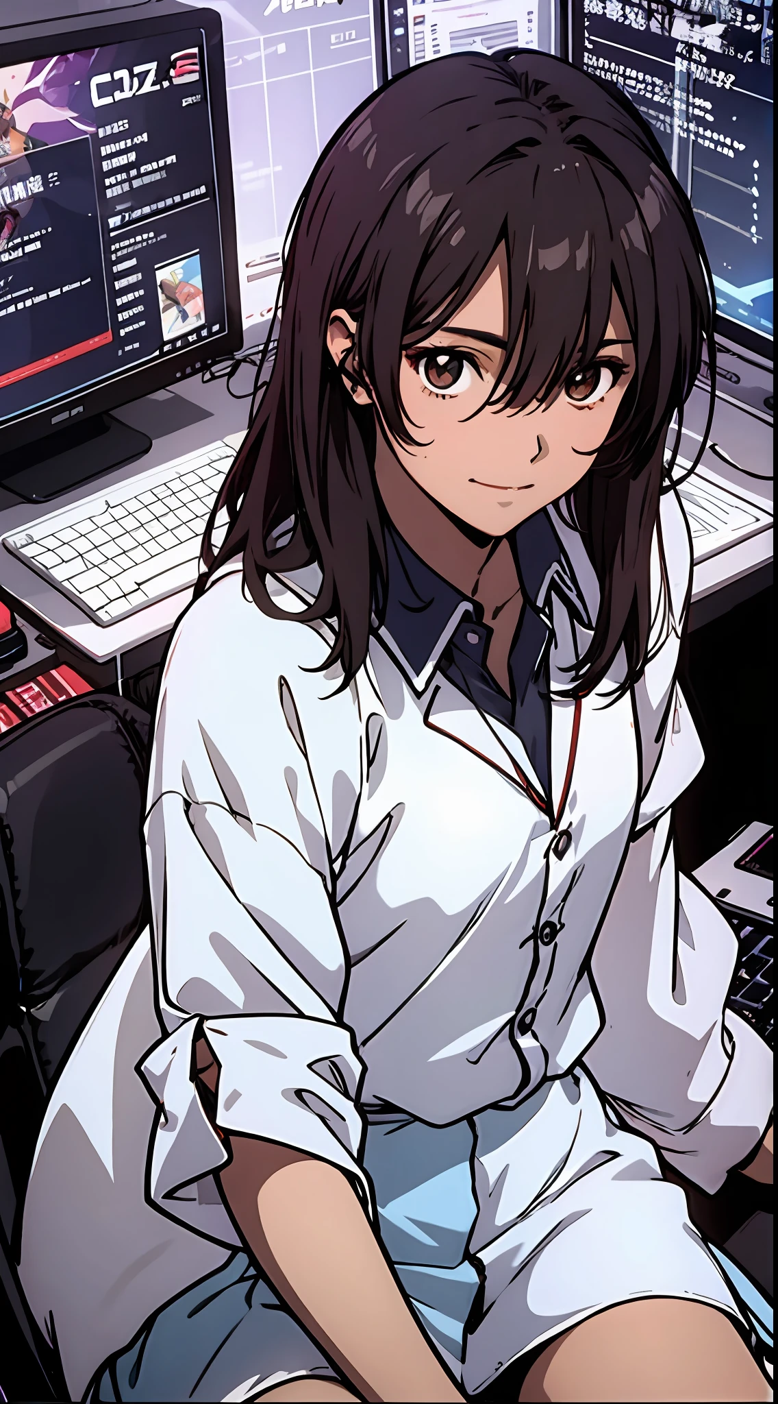 Top Quality:1.0), (Ultra High Definition:1.0), Anime Beautiful Girl, Long Hair, Brown Eyes, Sitting in Front Computer Playing Games, Esports Room Background, (ulzzang-6500-v1.1:0.8), (Photorealistic: 1.4), Cinema Light, Depth of Field,Beautiful Face, (PureErosFace_V1:0.3), Very delicate and beautiful, highly detailed,CG ,Unity,8k wallpaper, amazing, fine details, masterpiece,best quality, best quality, 1girl, beautiful detailed girl, highly detailed eyes and face, beautiful detailed eyes,(small hips:1.3), (small breasts:0.3),(((shirt with collar)))、((skirt))、lab coat, see here with a slight smile
