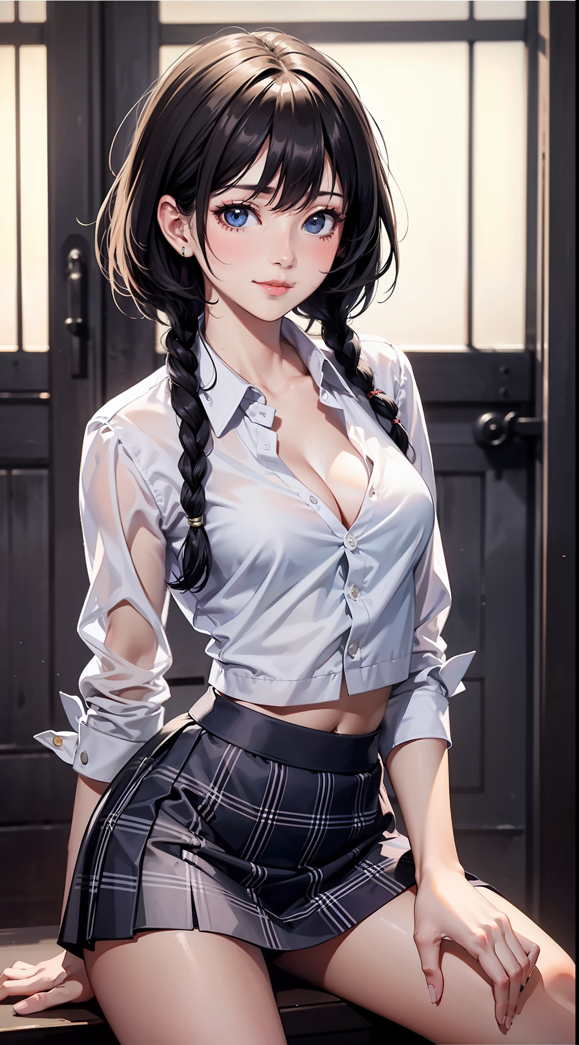 (masterpiece:1.2), ((best quality), real picture, intricate details), cinematic lighting, fantastic realism, ((teenage female, 1girl)), solo, Soi fon, low twin braids, black hair, short hair with long locks, thin eyebrows, small breasts, skirtlift, thongs, see-through school uniform, mini skirt, cleavage, plaid skirt, white shirt, looking at viewer, blush, seductive smile, detailed background