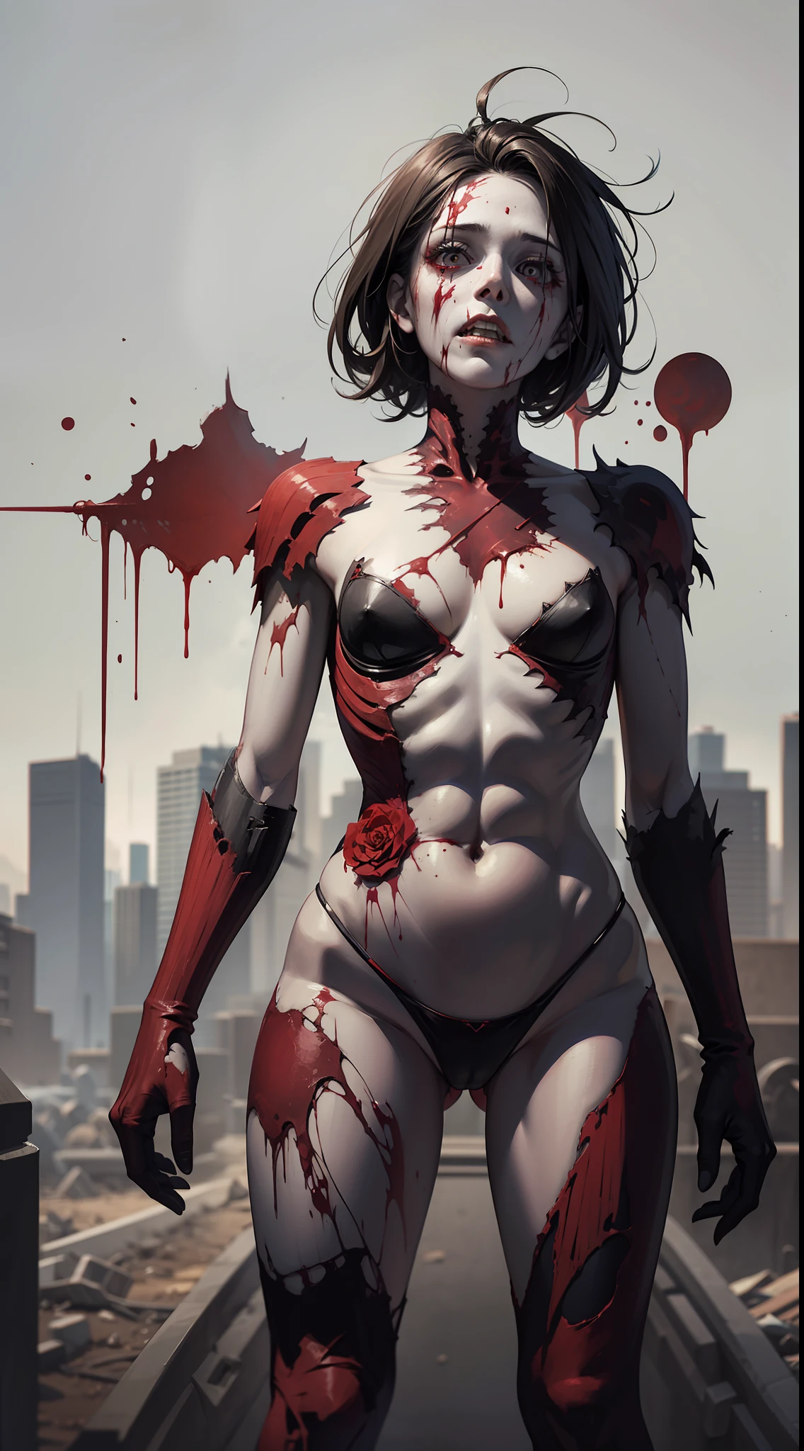 A zombie with a pale face and a decaying body, protruding eyes, teeth turned outwards, twisted body, arms extended towards the camera, ribs partially exposed, belly broken, intestines turned outwards, refined, standing next to a Chinese cemetery. The background is a night sky, with blood colored black clouds and a full body view. In front of it are decaying corpses and white bones