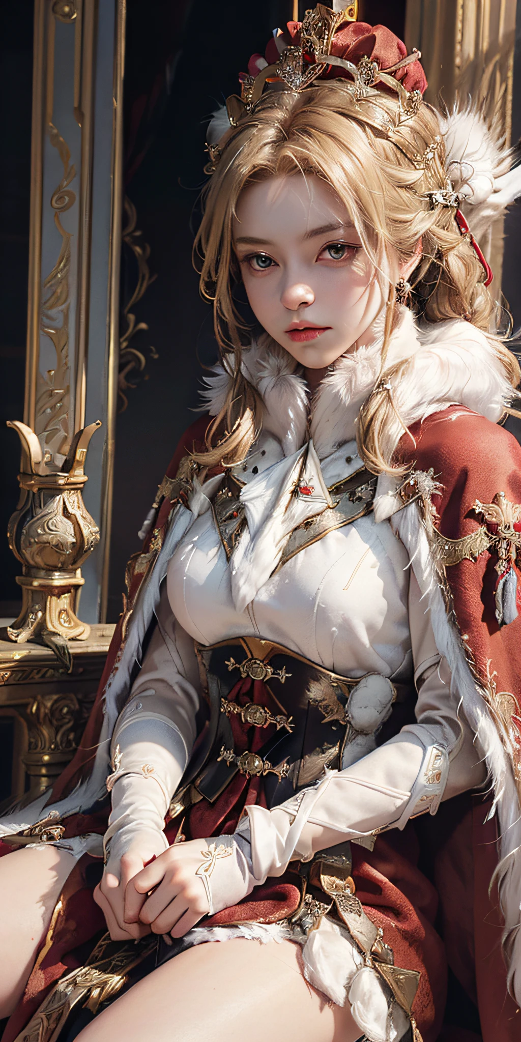 1girl, (blonde parted hair), crown, ([red robe|baroque black dress]:1.3), [red_cape::10],white ([capelet:fur trim:0.4]:1.7) covered on ([fur cloak:queen cape:0.4]:1.5), forehead, sitting, red eyes, corset, bridal gauntlets, throne, updo, [slicked, crown_braid:0.1], [gloves, armor_dress, frilled skirt:0.4], solo,
