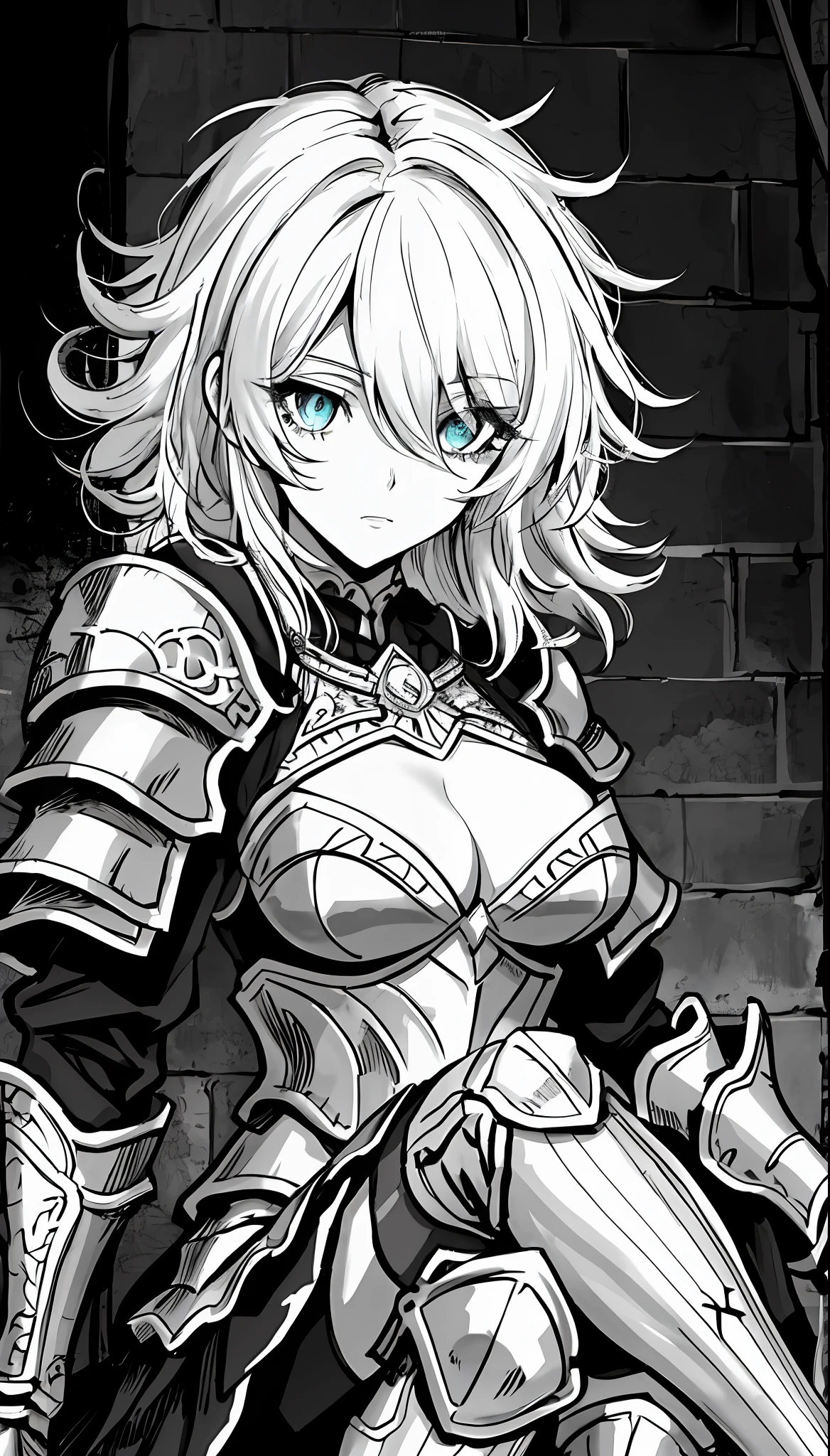 best quality, intricate details, lineart, monochrome, line art
1girl, medium hair, messy hair, hair over eyes, beautiful eyes, large breasts
torn legwear, fantasy, armored dress
dim lighting, alley