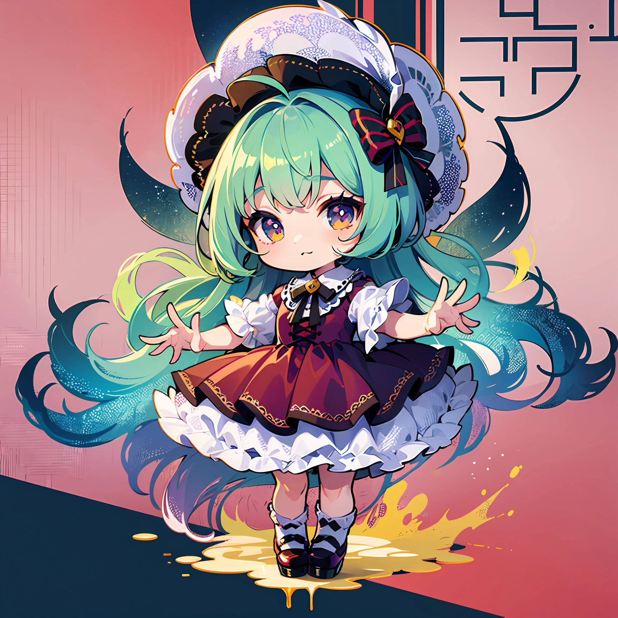 (Sticker: 1.5) ((Chibi Chara)), White Background, Fluffy, Girl, Lolita Costume, Chibi Chara, Full Body, Pastel Hair, Fairy Tale, Fantastic, Rainbow, T-Shirt Design, Best Masterpiece, Best Quality, 16k