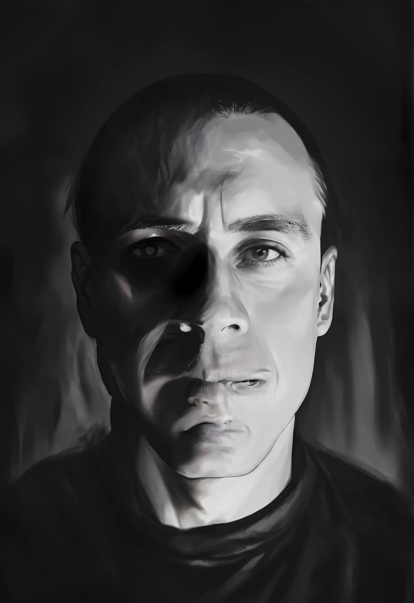 arafed black and white photograph of a man with a black shirt, chiaroscuro portrait, hyperrealism self portrait, portrait of ultra realistic, charcoal portrait, artists portrait, black background hyperrealism, 4k portrait, dark portrait, high quality portrait, portrait no. 1, dramatic portrait, black and white portrait, amazing art, art portrait