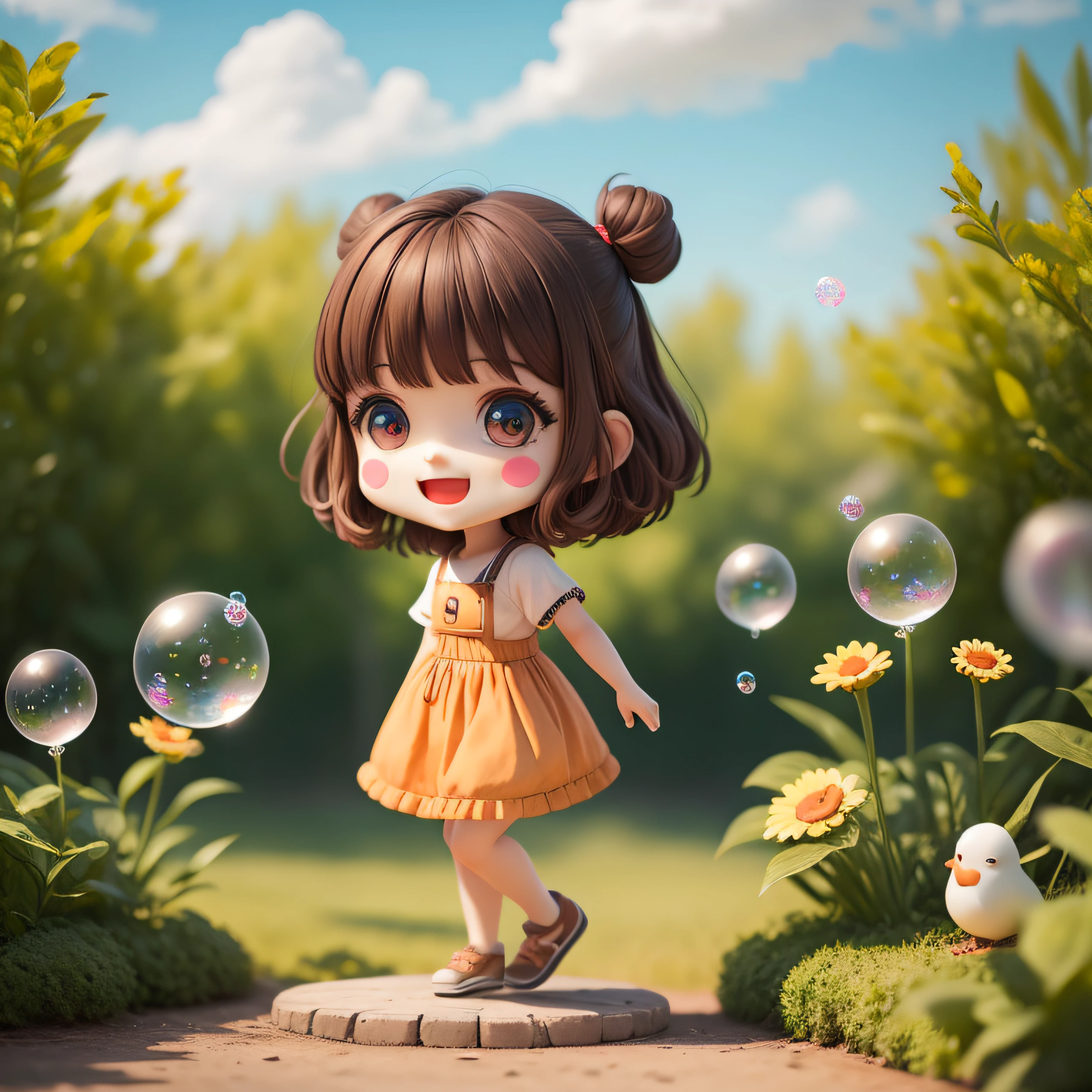 full body, chibi, (masterpiece), (best quality), (super detailed), (full body: 1.2), 1 girl playing with soap bubbles, chibi, cute, smile, open mouth, soap bubbles, blush, shirt, short hair, clouds, birds, blur, brown hair, blush stickers, short sleeves, bangs, black hair, (beautiful detailed face), (beautiful detailed eyes), porch, garden