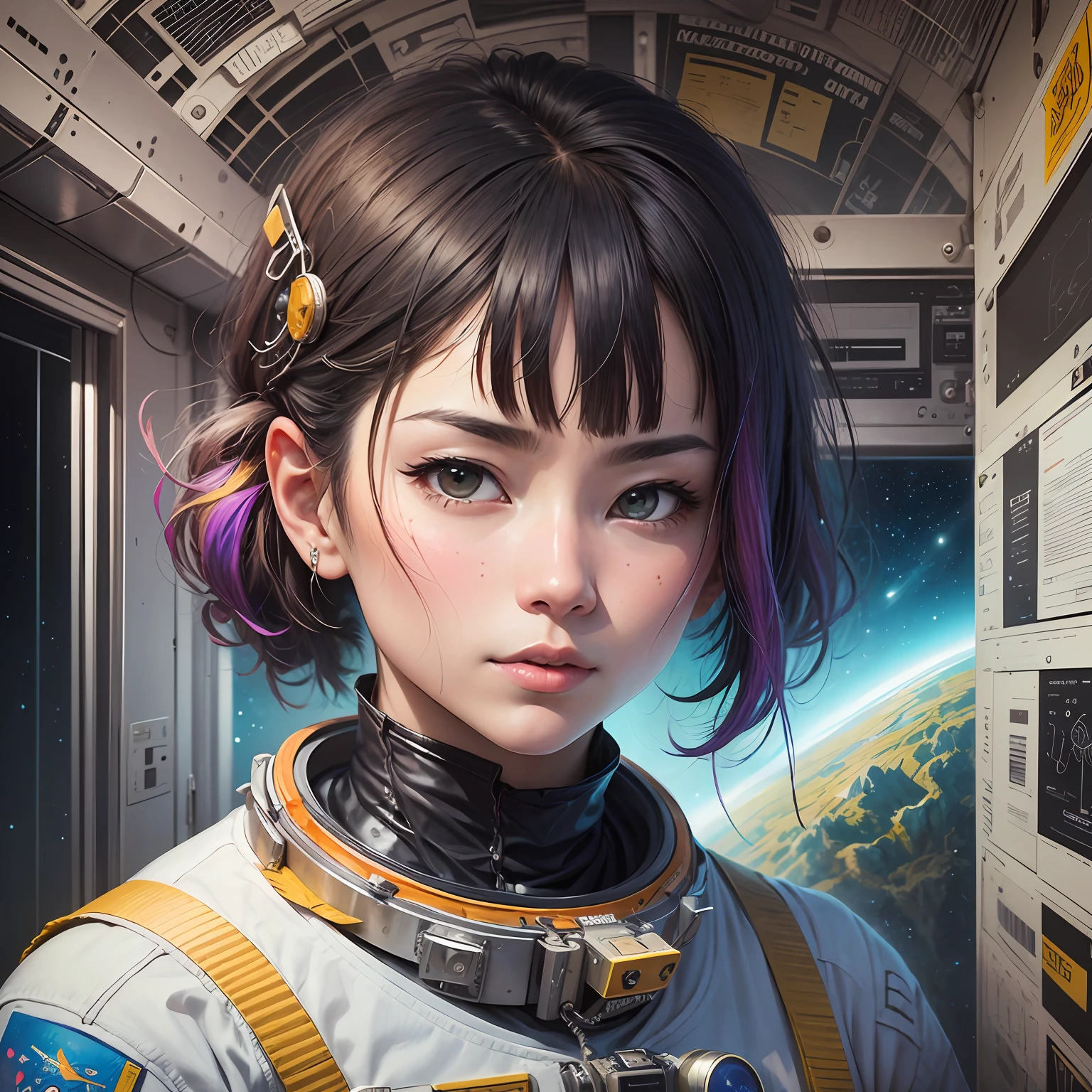 an astronaut of Régis Mathias, Max Asabin and Yoshitaka Amano :: A detailed, elegant, intricate and colorful portrait in mixed media :: A masterpiece of surreal art, a vibrant painting --auto --s2