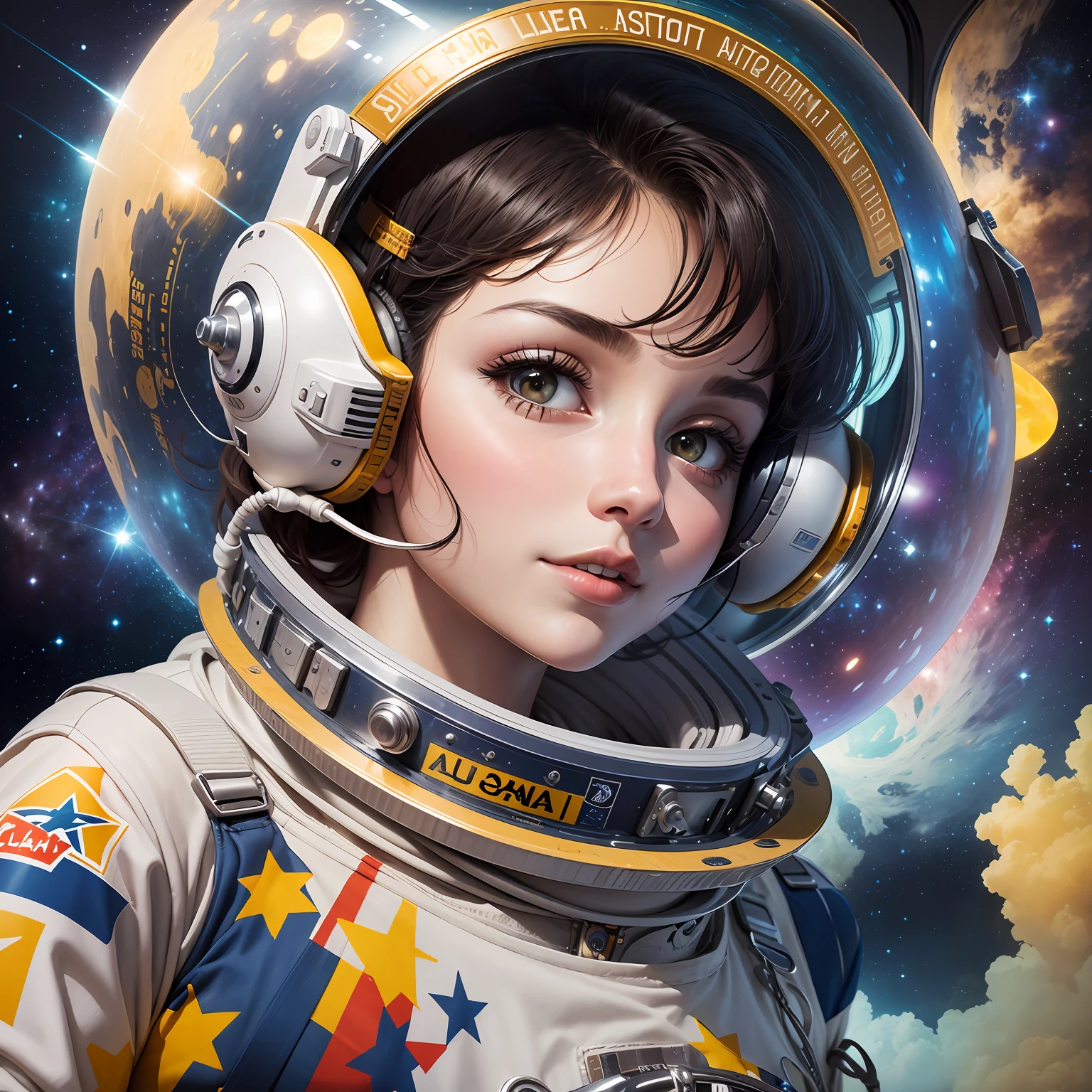 an astronaut of Régis Mathias, Max Asabin and Yoshitaka Amano :: A detailed, elegant, intricate and colorful portrait in mixed media :: A masterpiece of surreal art, a vibrant painting --auto --s2