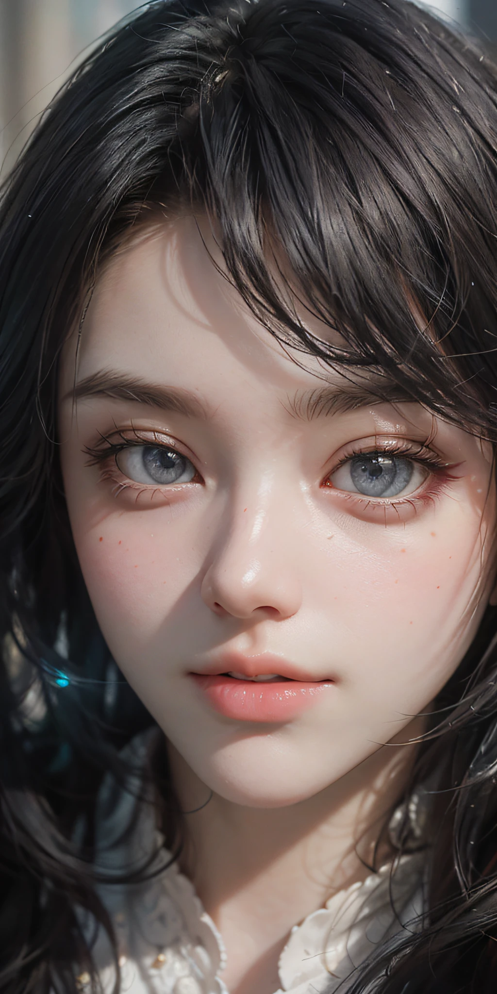 (8k, best quality, masterpiece: 1.2), (realism, photo realism: 1.37), best quality, masterpiece, unity, extremely exquisite and beautiful, pure desire for wind, extremely detailed, amazing, detailed details, masterpiece, best quality, very detailed, beautiful girl, very detailed eyes and face, beautiful detailed eyes, face light, white hair,symmetrical front view close-up head lens, eyes, symmetrical face, very clear focus, lifelike, award-winning matte painting, film lighting, octane number rendering, unreal engine volume measurement, dtx, （ulzzang-6500：1.6）