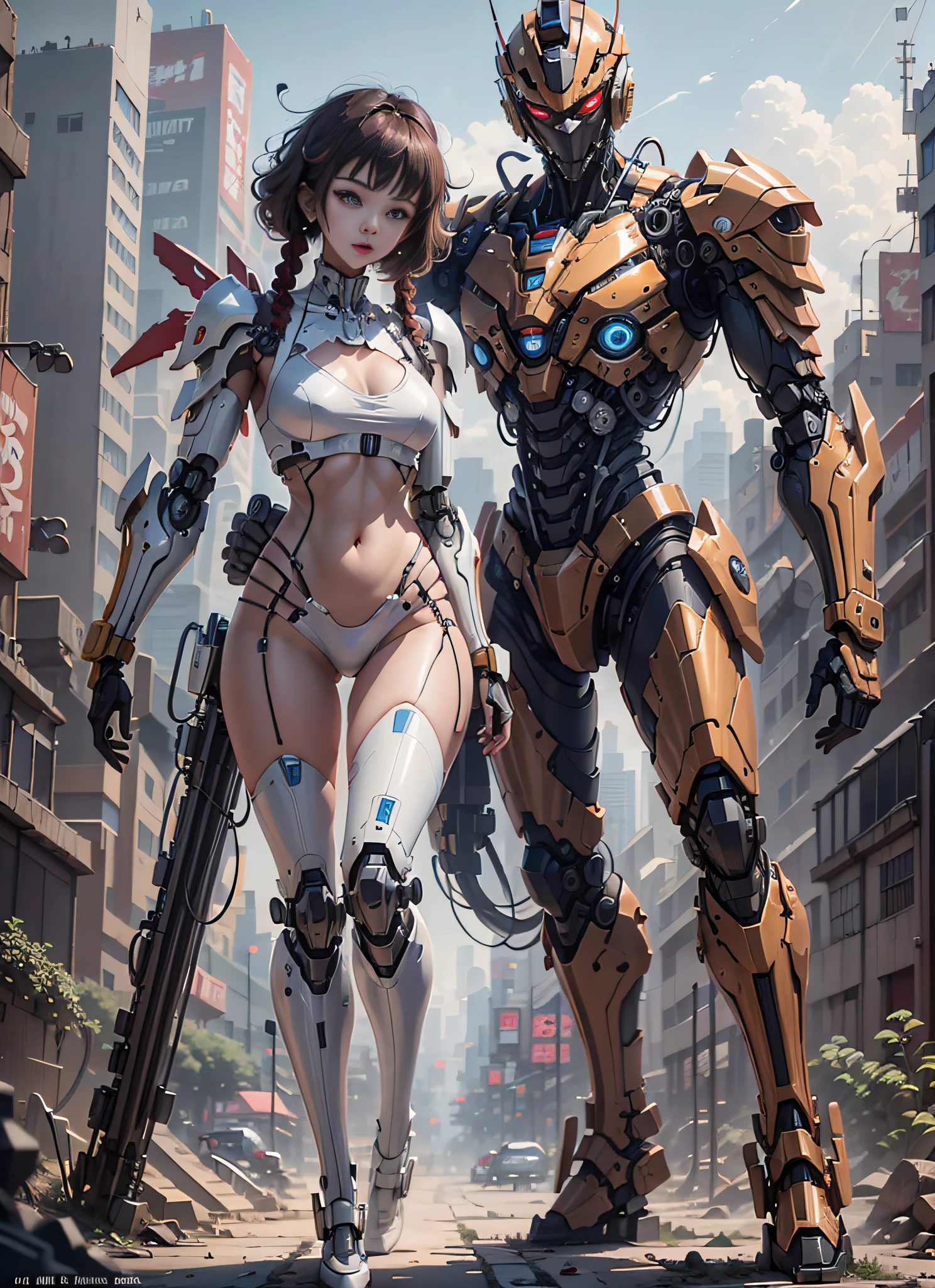 (highly detailed:1.5), (8k), futuristic mecha girl on the cover of a neon-lit science fiction magazine, style (cyberpunk:1.3), wearing an elegant battle suit with bright details, posing sensually, (bold typography:1.2), dynamic composition, vibrant colors, (Akira style:1.1), (inspired by Hajime Sorayama:1.2), full body, details in red, yellow, blue, white, combat position, detailed bikini, futuristic detailed kaneda bike, red hair with braids,