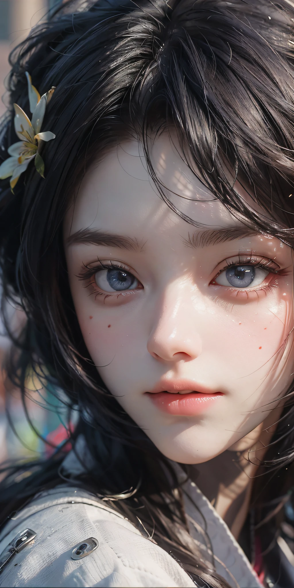 (8k, best quality, masterpiece: 1.2), (realism, photo realism: 1.37), best quality, masterpiece, unity, extremely exquisite and beautiful, pure desire for wind, extremely detailed, amazing, detailed details, masterpiece, best quality, very detailed, beautiful girl, very detailed eyes and face, beautiful detailed eyes, face light, white hair,symmetrical front view close-up head lens, eyes, symmetrical face, very clear focus, lifelike, award-winning matte painting, film lighting, octane number rendering, unreal engine volume measurement, dtx, (ulzzang-6500:1.6)