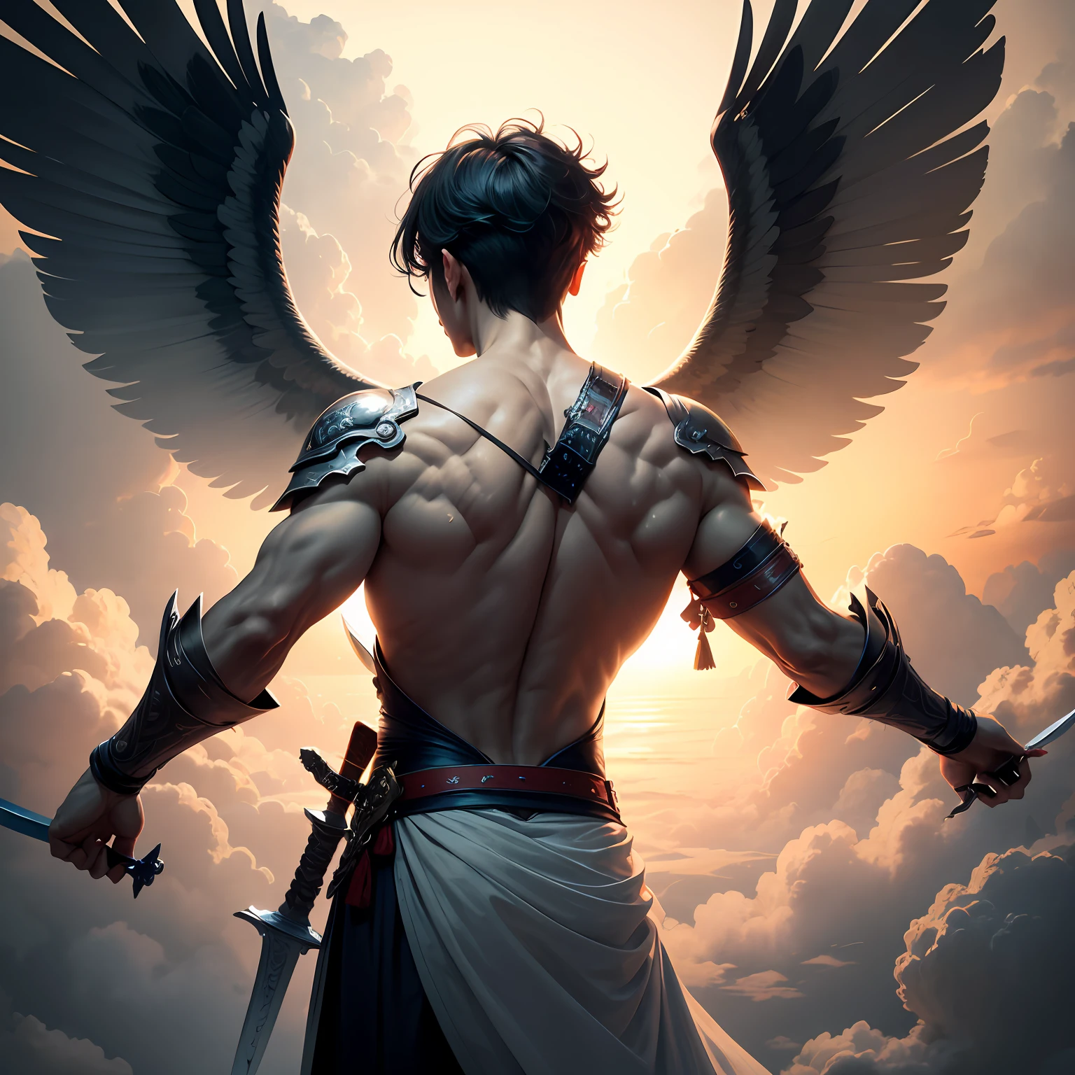 The stylistic image of the back of a man with a sword and wings, holding a knife in his left hand, swings a sword qi that splits the clouds in two --auto