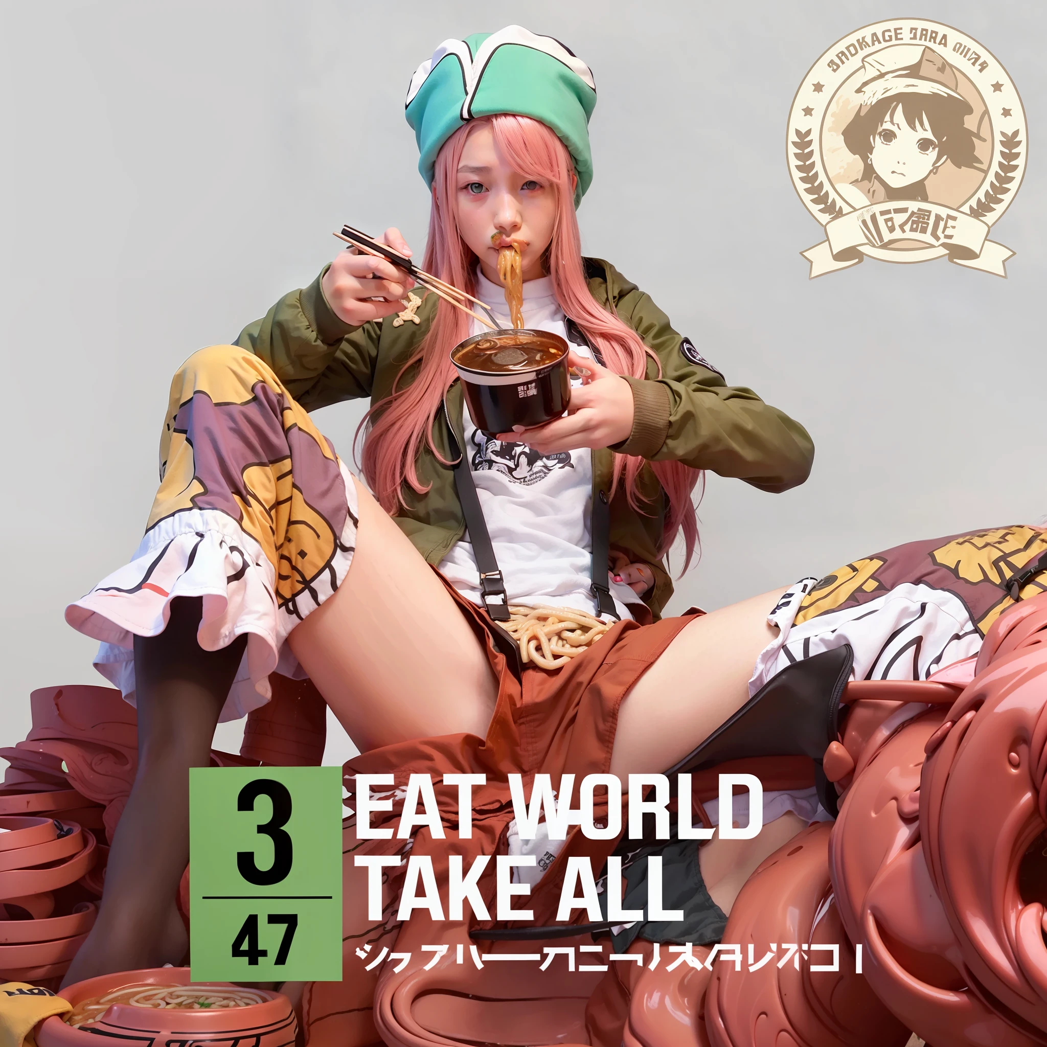 Pink hair, brown jacket, white shirt, realistic, eating ramen