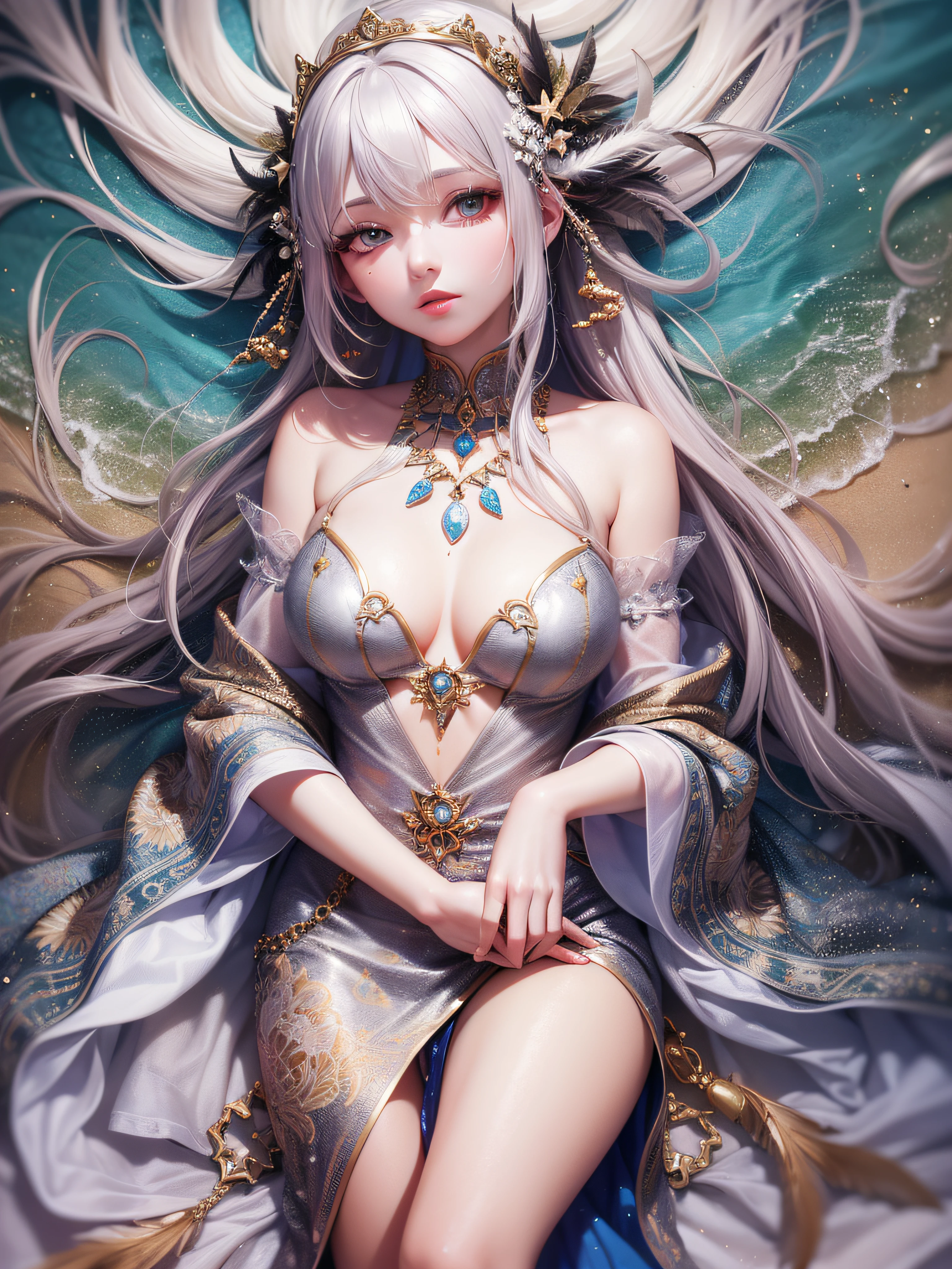 masterpiece, real, beautiful heavenly woman in a silver-haired feather robe that descended from heaven on the beach, looking down at the viewer with half eyes, hair ornament, divinity, in the morning haze, 20 years old