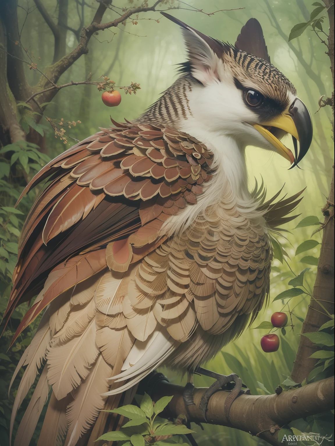 art by  aaron horkey, epic poster, forest, 
branch of apple, beautiful bird eating fruit
watercolor painting, Jean-Baptiste Monge style, bright, beautiful  in spring,  big perfect eyes,  rim lighting, lights, magic,  fantasy, digital art, wlop, artgerm and james jean