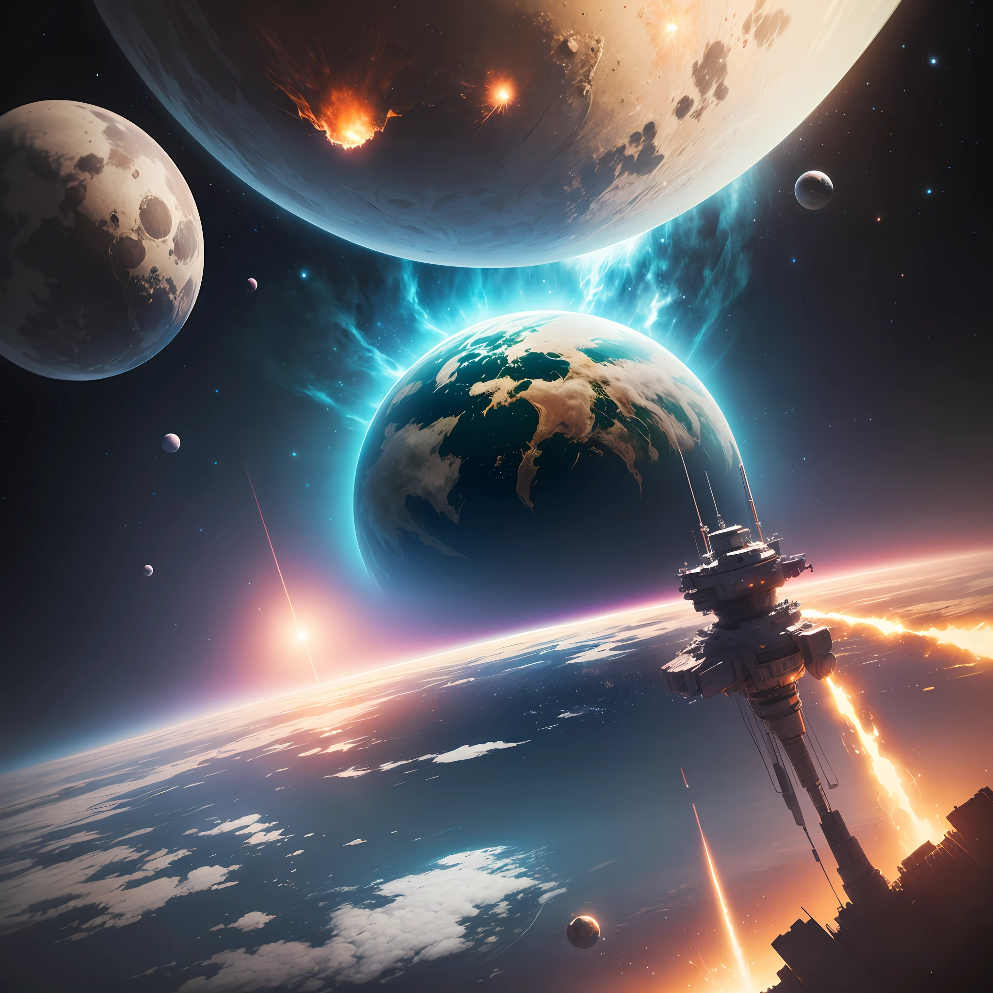 Concept art, hd,4K, 8k artistic, cinematic, Exoplanet, planet, planet equal to earth, game, view of space from various alien ships firing deadly lasers destroying the planet's atmosphere --auto