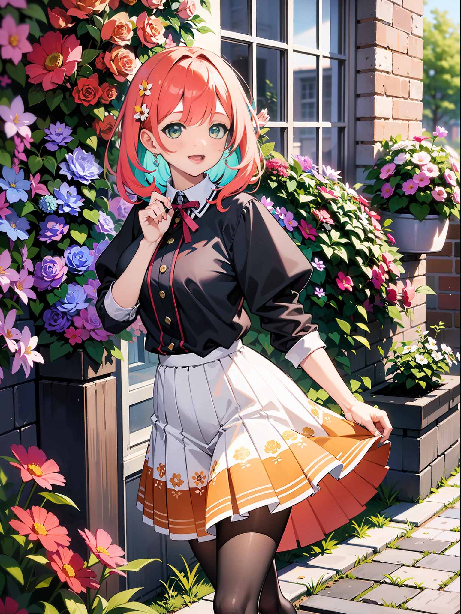 A girl dressed in a vibrant and colorful outfit, wearing a pleated skirt that sways with every step she takes. The artwork showcases her joyful and playful personality as she stands amidst a colorful array of blooming flowers. Her outfit features a mix of bright and cheerful hues, reflecting her vibrant spirit. The pleated skirt adds a touch of elegance and movement to her ensemble, creating a sense of whimsy. The scene is adorned with an abundance of flowers, filling the air with their sweet fragrance and vibrant colors. The combination of the girl's colorful attire and the surrounding blooms creates a visually captivating and cheerful image.