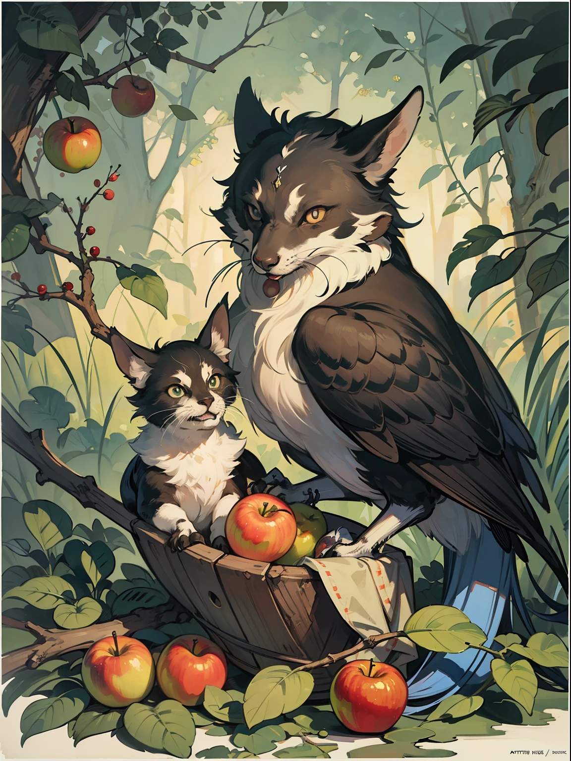 art by  aaron horkey, epic poster, forest, 
branch of apple, beautiful bird eating fruit
watercolor painting, Jean-Baptiste Monge style, bright, beautiful  in spring,  big perfect eyes,  rim lighting, lights, magic,  fantasy, digital art, wlop, artgerm and james jean