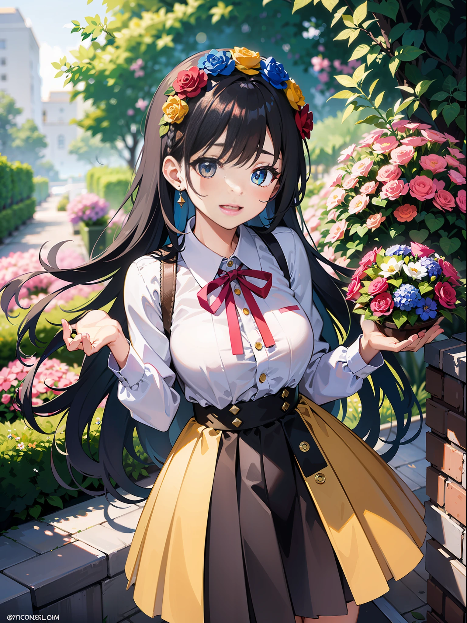 A girl dressed in a vibrant and colorful outfit, wearing a pleated skirt that sways with every step she takes. The artwork showcases her joyful and playful personality as she stands amidst a colorful array of blooming flowers. Her outfit features a mix of bright and cheerful hues, reflecting her vibrant spirit. The pleated skirt adds a touch of elegance and movement to her ensemble, creating a sense of whimsy. The scene is adorned with an abundance of flowers, filling the air with their sweet fragrance and vibrant colors. The combination of the girl's colorful attire and the surrounding blooms creates a visually captivating and cheerful image.