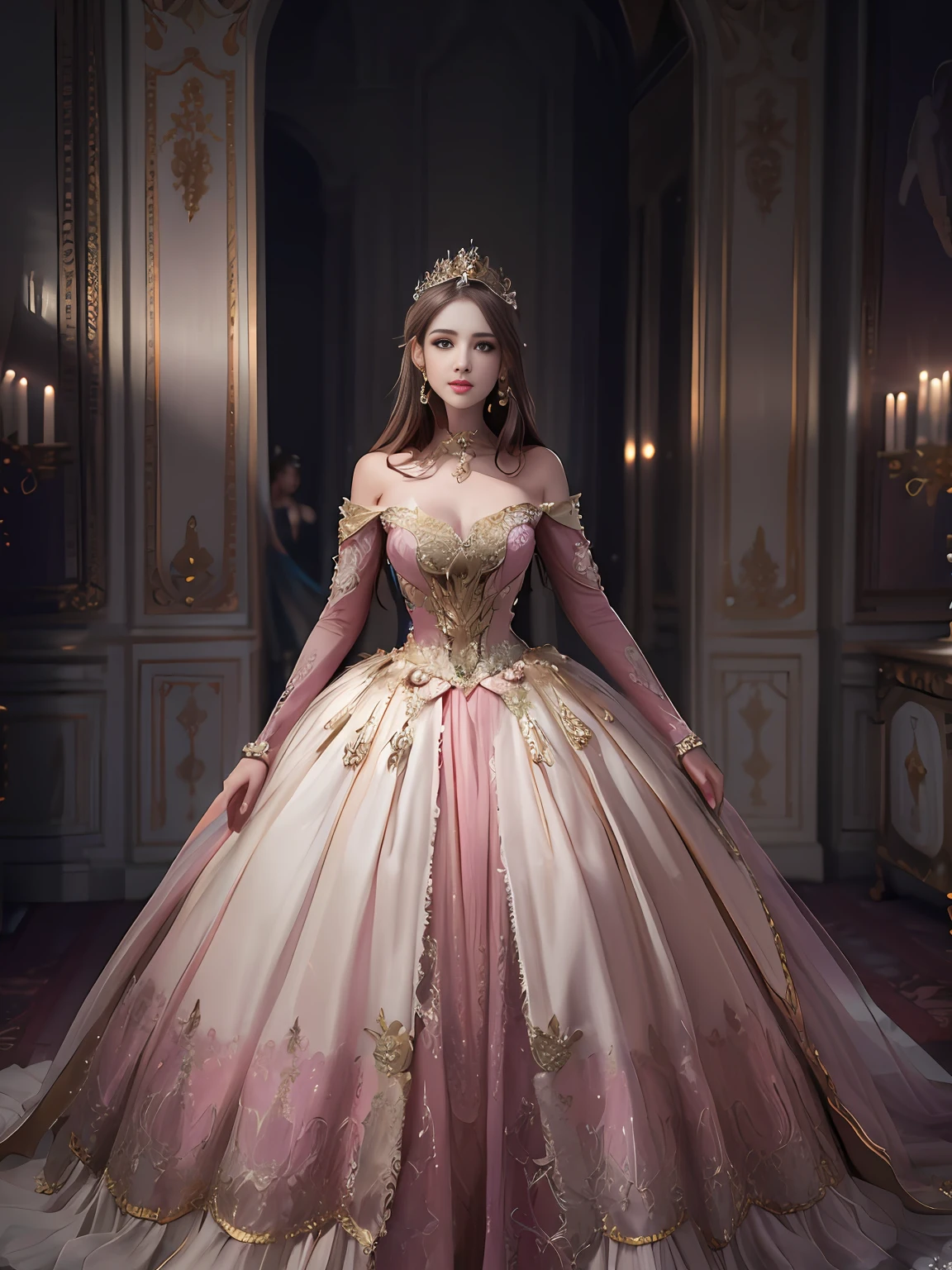 arafed woman in a pink and gold dress standing in a room, a beautiful fantasy empress, rococo queen, ((a beautiful fantasy empress)), beautiful female princess, royal elegant pose, royal dress, ornate royal gown, beautiful princess, beautiful and elegant elf queen, royal gown, princess portrait, lovely languid princess, wearing a pink ballroom gown, fantasy dress