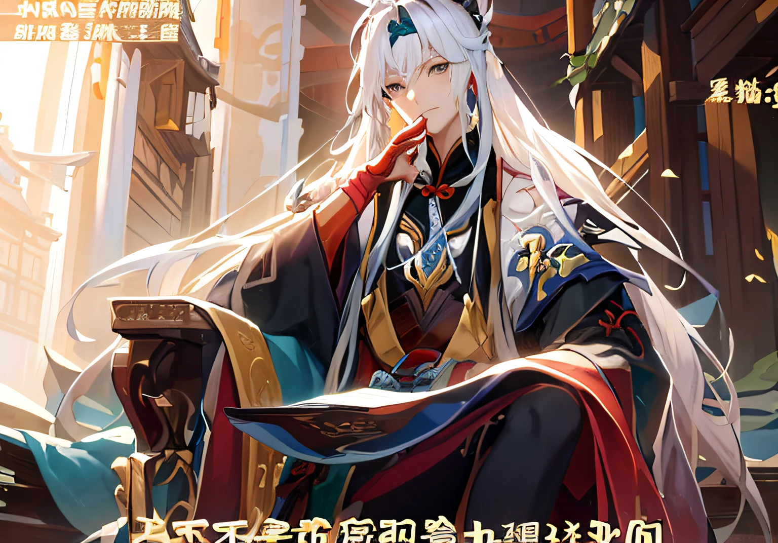 anime character sitting on a chair with a book in his hand, keqing from genshin impact, heise jinyao, loong, zhongli from genshin impact, inspired by Huang Shen, 千 葉 雄 大, inspired by Bian Shoumin, xianxia hero, inspired by Zhao Yuan, white haired deity