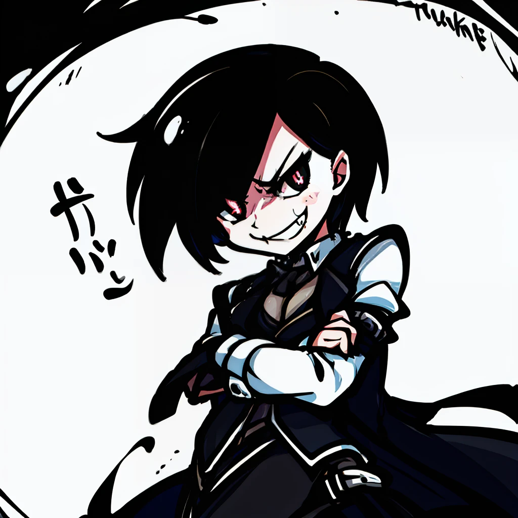  girl with black eyes and white pupils, wearing a black vest and white undershirt, smirking , fang , cute , Tsundere , cartoon , black hair , short hair white skin