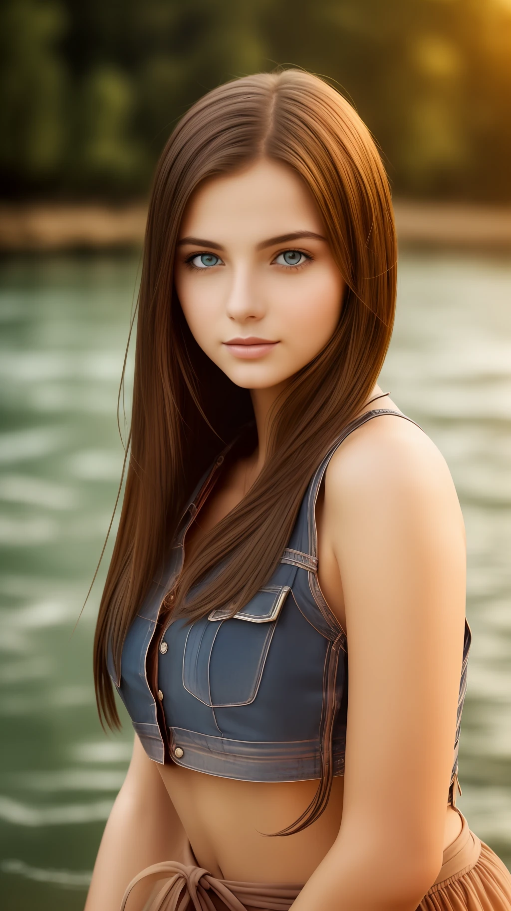 Photo portrait Beautiful European girl on the river bank: facing the camera High quality, high resolution, ultra detail, professional lighting, digital art, masterpiece --auto