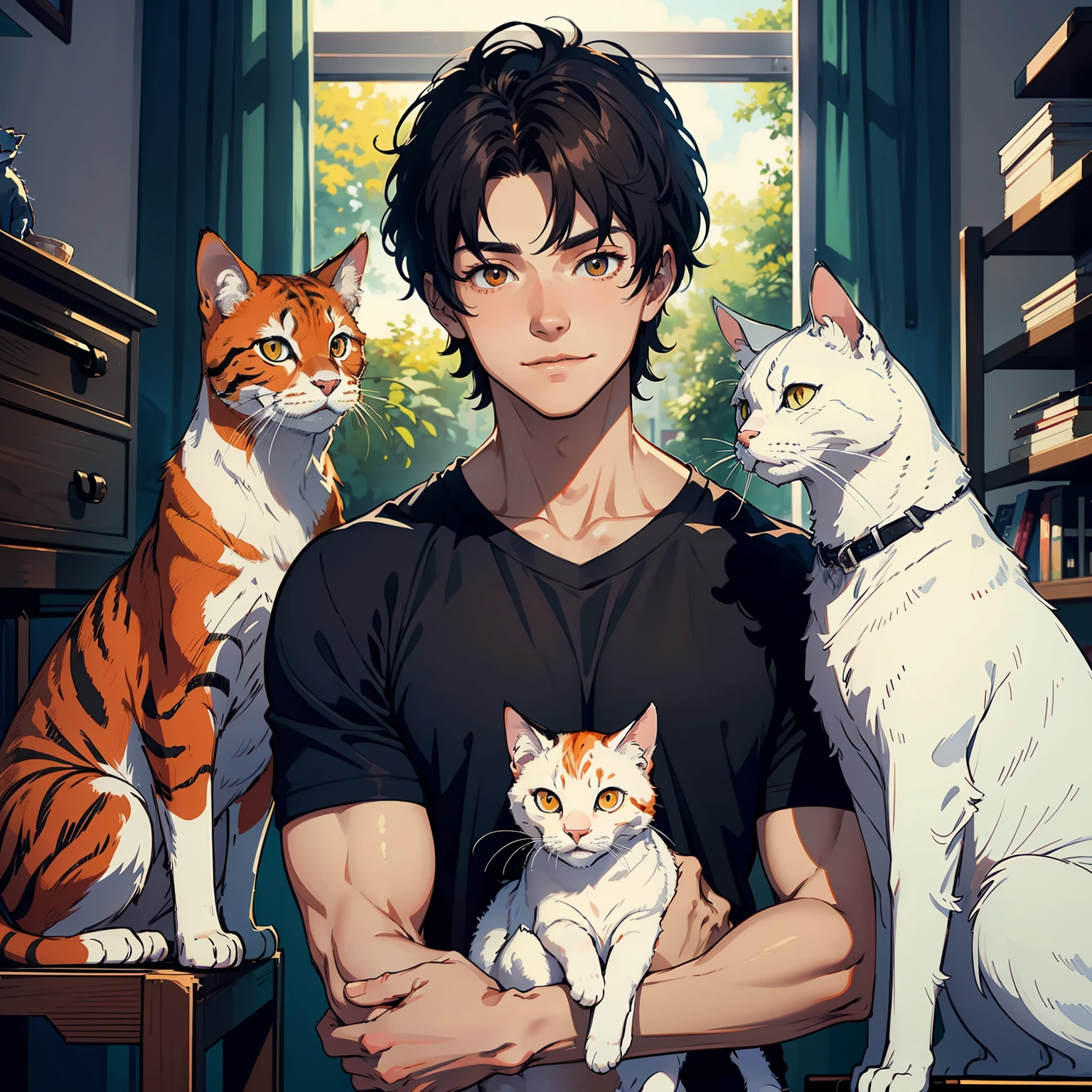 Highest quality, masterpiece, Ultra HD: 1.2, 1 strong young man, muscular, wearing a T-shirt, short hair, confident and friendly smile, surrounded by 3 cats, a long-haired orange cat, two white cats