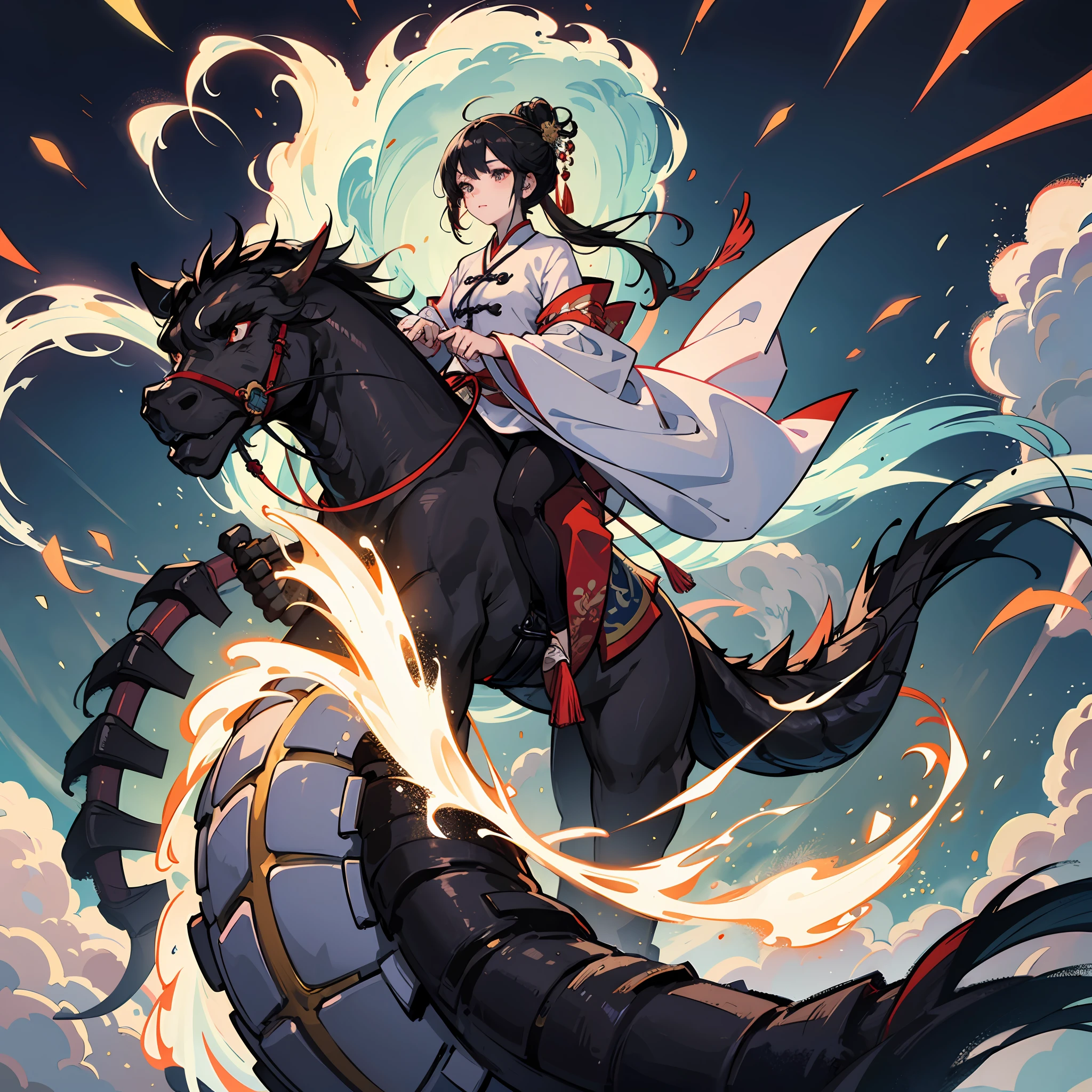 A girl with high-gloss skin and strong texture, close-up, black hair, fluffy hair, Hanfu, streamers, flowing ink, scattered energy, riding a Chinese dragon, background landscape waterfall, global illumination, rich details --auto