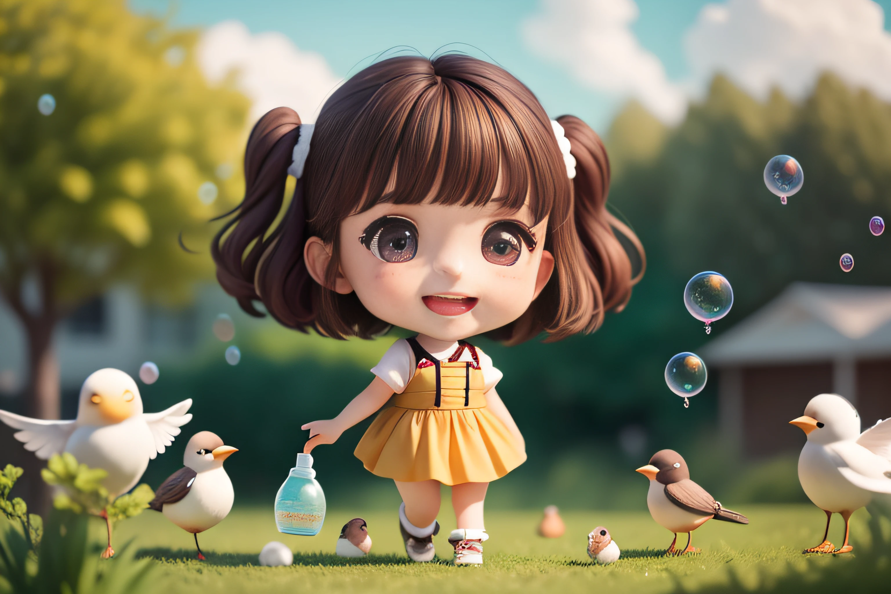 full body, chibi,(masterpiece)(best quality)(super detail)(full body: 1.2), one girl with soap bubbles, chibi, cute, smile, open mouth, soap bubbles, blush, shirt, short hair, clouds, birds, blur, brown hair, short sleeves, bangs, black hair, (beautiful detailed face), (beautiful detailed eyes), veranda, garden