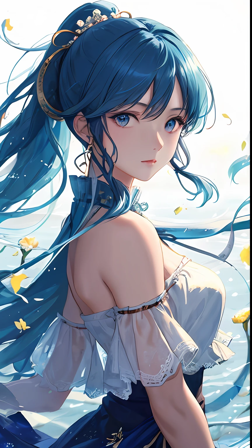 (masterpiece), (best quality), (ultra detailed),(disheveled hair),(illustration), (1girl), (Fashionable clothing), standing, Fashion model, looking at viewer, (interview), (simple background),beautiful detailed eyes, delicate beautiful face, Floating,(high saturation),(colorful splashes),colorful bubble,(shining), focus on face,  ponytail, kamisato ayaka, light blue hair, bangs, hair ring, floating flowers, floating hairs, (shining), best lighting, best shadow,