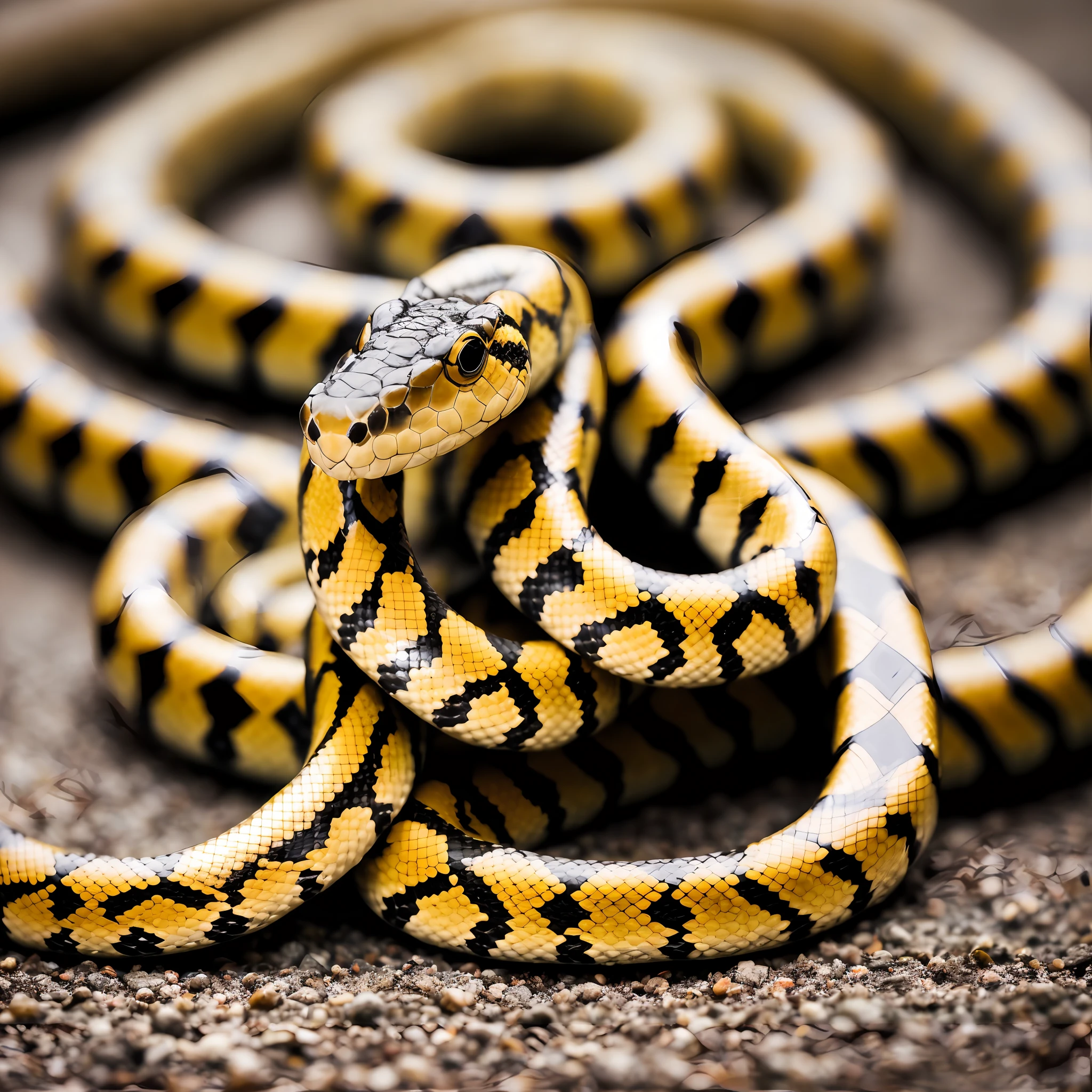 Brilliant Cascavel Brazilian Snake on the side walk of a busy street, face and eyes close up, lots of legs walking past, night, macro photography shallow depth of field bokeh dslr vivid Muted misty, RAW photo